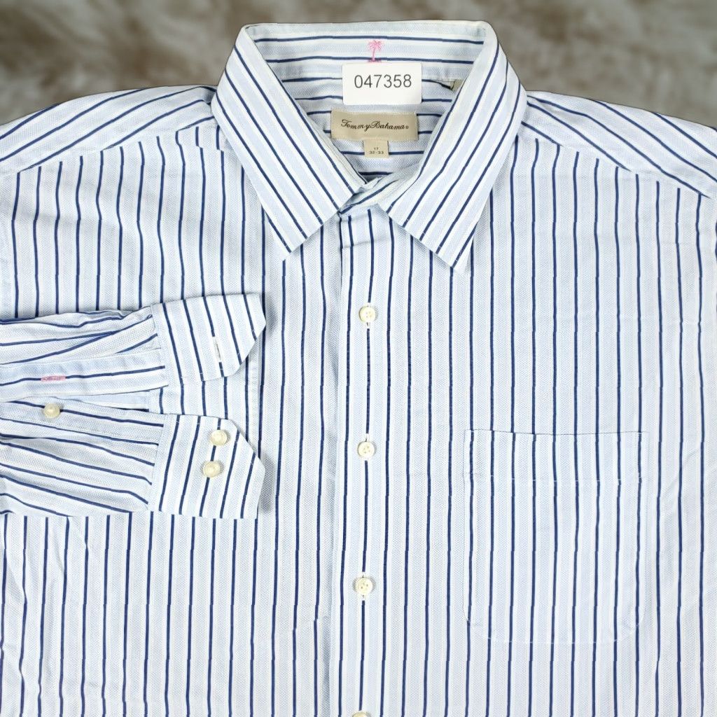 Tommy Bahama Tommy Bahama Dress Shirt Mens 17 Blue Striped Long Sleeve Button Up Collared 100% Cotton Regular Size 46R - 1 Thumbnail