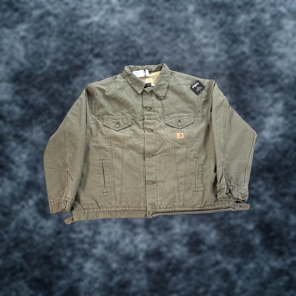 Carhartt J233 ARG Men Trucker Jacket Olive Green Sherpa Lined Canvas 3XL Jacket Casual Workwear Bomber Full Zip