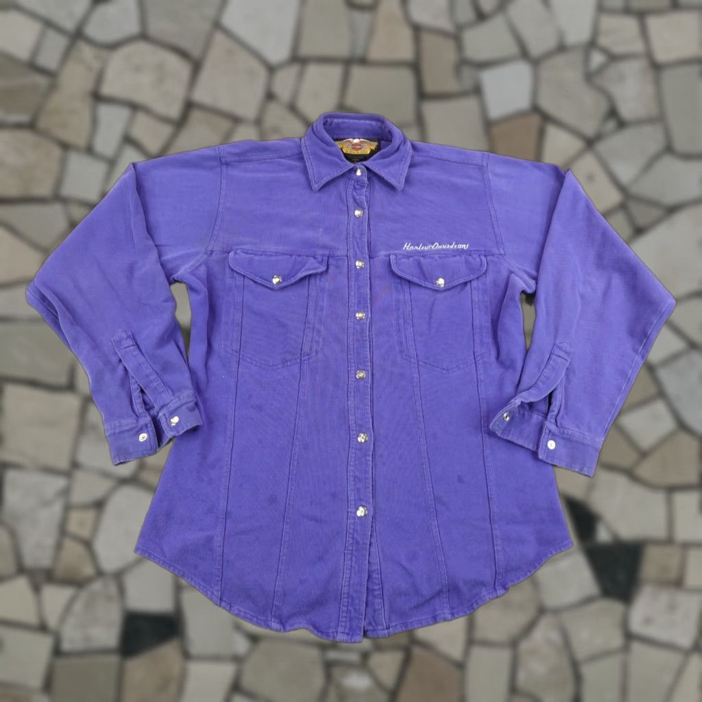 Harley Davidson VINTAGE Harley-Davidson Button-Up Shirt Womens Small Blue Long Sleeve Pearl Snap Motorcycle 90s Western Size S / US 4 / IT 40 - 1 Thumbnail