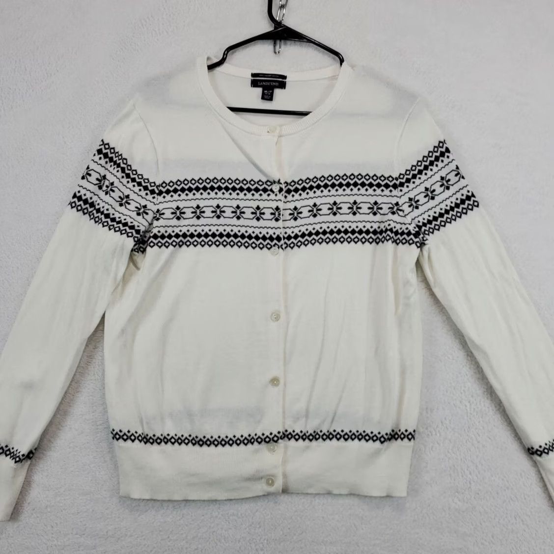 Lands' End VINTAGE Lands' End Womens Cardigan Sweater Nordic Full Button White Supima M Petite Holiday Christmas Nordic Ski Womens Size M / US 6-8 / IT 42-44 - 3 Thumbnail