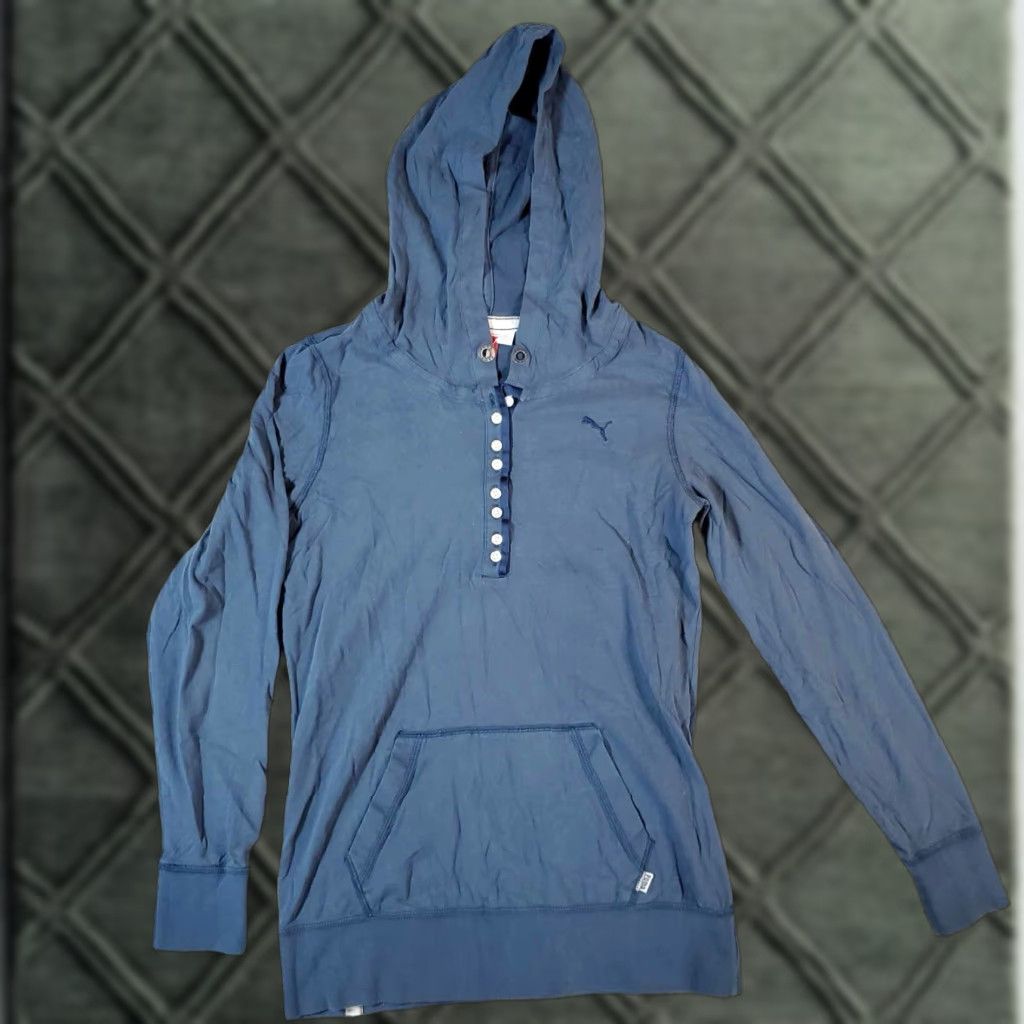 Puma Puma Hoodie Womens M Blue Logo Long Sleeve Button Up Henley Casual Pullover Easy Care Lightweight Pockets Regular Shirt/Outerwear Size M / US 6-8 / IT 42-44 - 1 Thumbnail