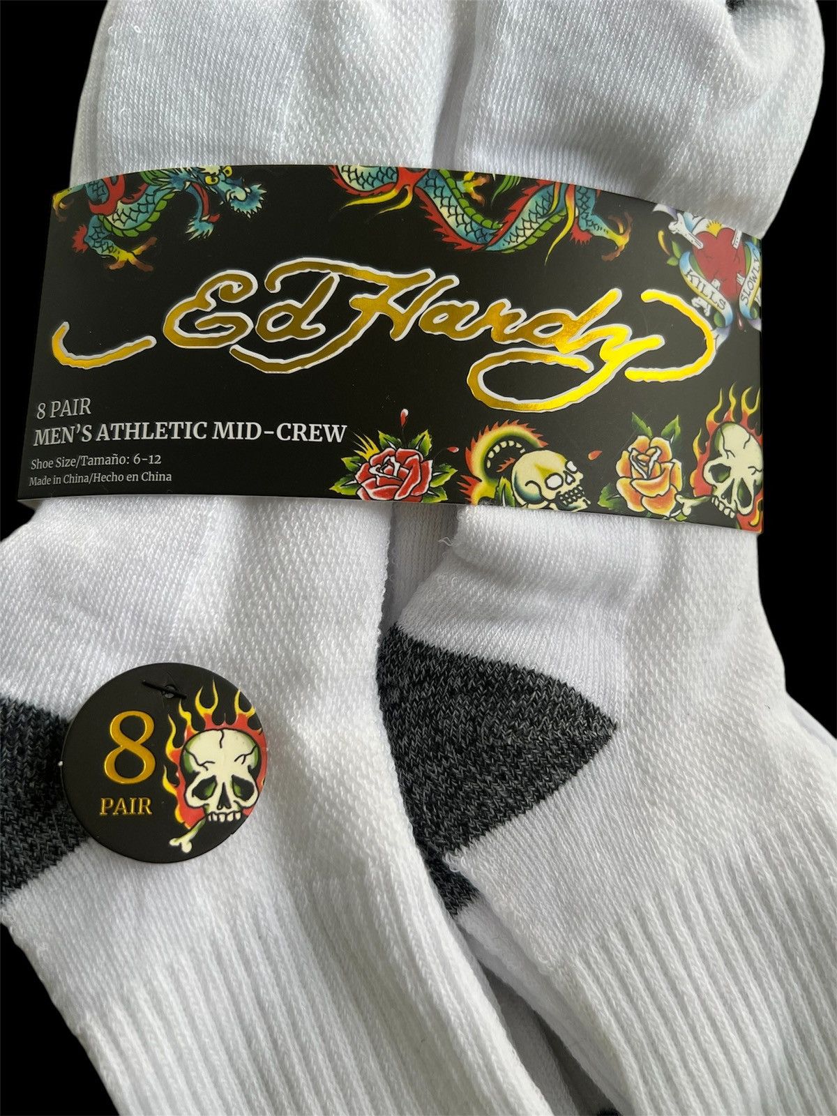 Designer × Ed Hardy Ed Hardy Men’s 8 Pair Athletic Mid-Crew Socks Shoe Size 6-12 Size ONE SIZE - 2 Thumbnail