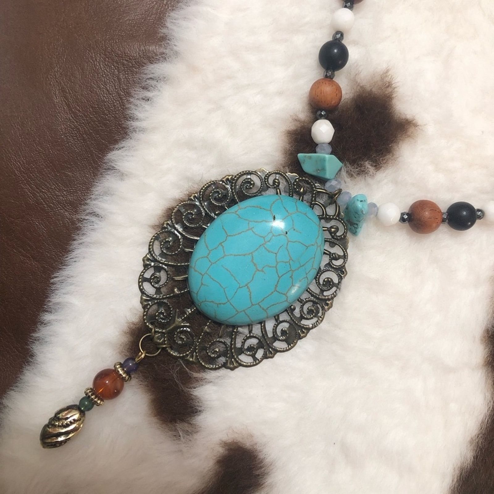 Handmade Handcrafted large howlite filigree pendant beaded necklace Size ONE SIZE - 8 Thumbnail