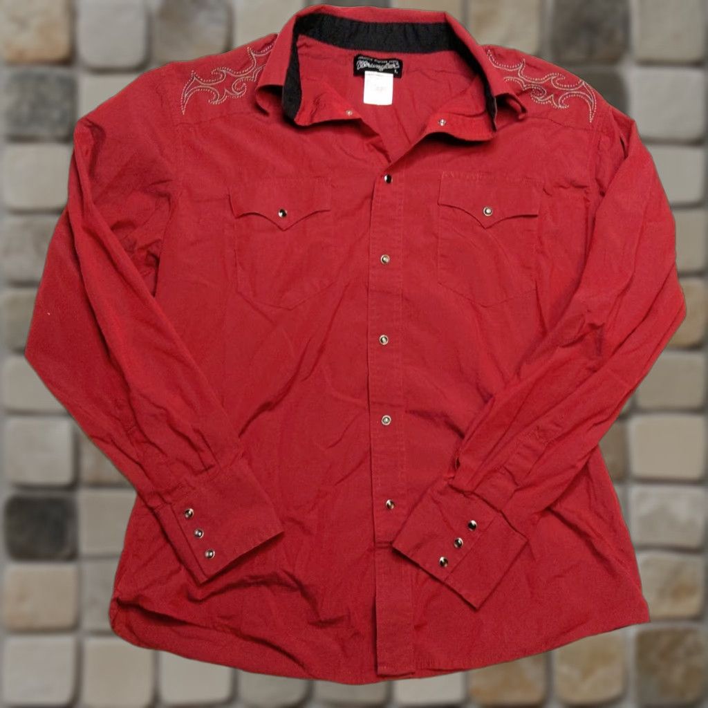 Wrangler VINTAGE Wrangler Mens Large Western Pearl Snap Shirt Embroidered Back Long Sleeve Red Cotton Button-Up Western Theme Mens Size US L / EU 52-54 / 3 - 1 Thumbnail