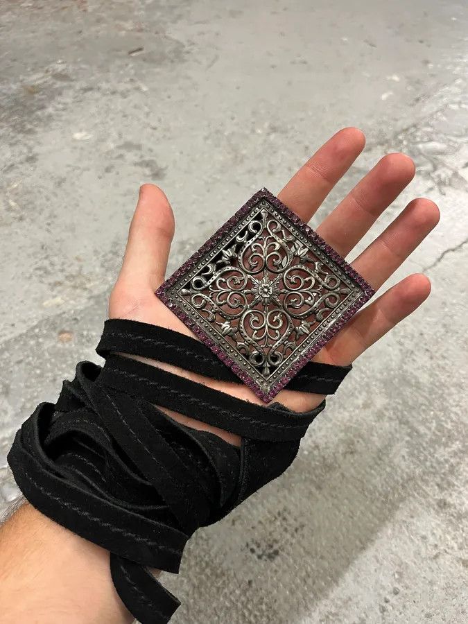 Designer × Roberto Cavalli × Vintage 2000s Roberto Cavalli Square Paved Relic Buckle Frange Suede Leather Belt Size ONE SIZE - 3 Thumbnail