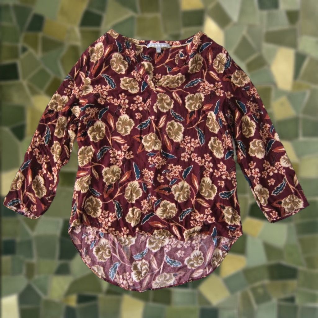 Vintage Daniel Rainn Blouse 3/4 Sleeve Tunic Womens M-L Floral Rayon Red Orange Green V-Neck Size L / US 10 / IT 46 - 1 Thumbnail