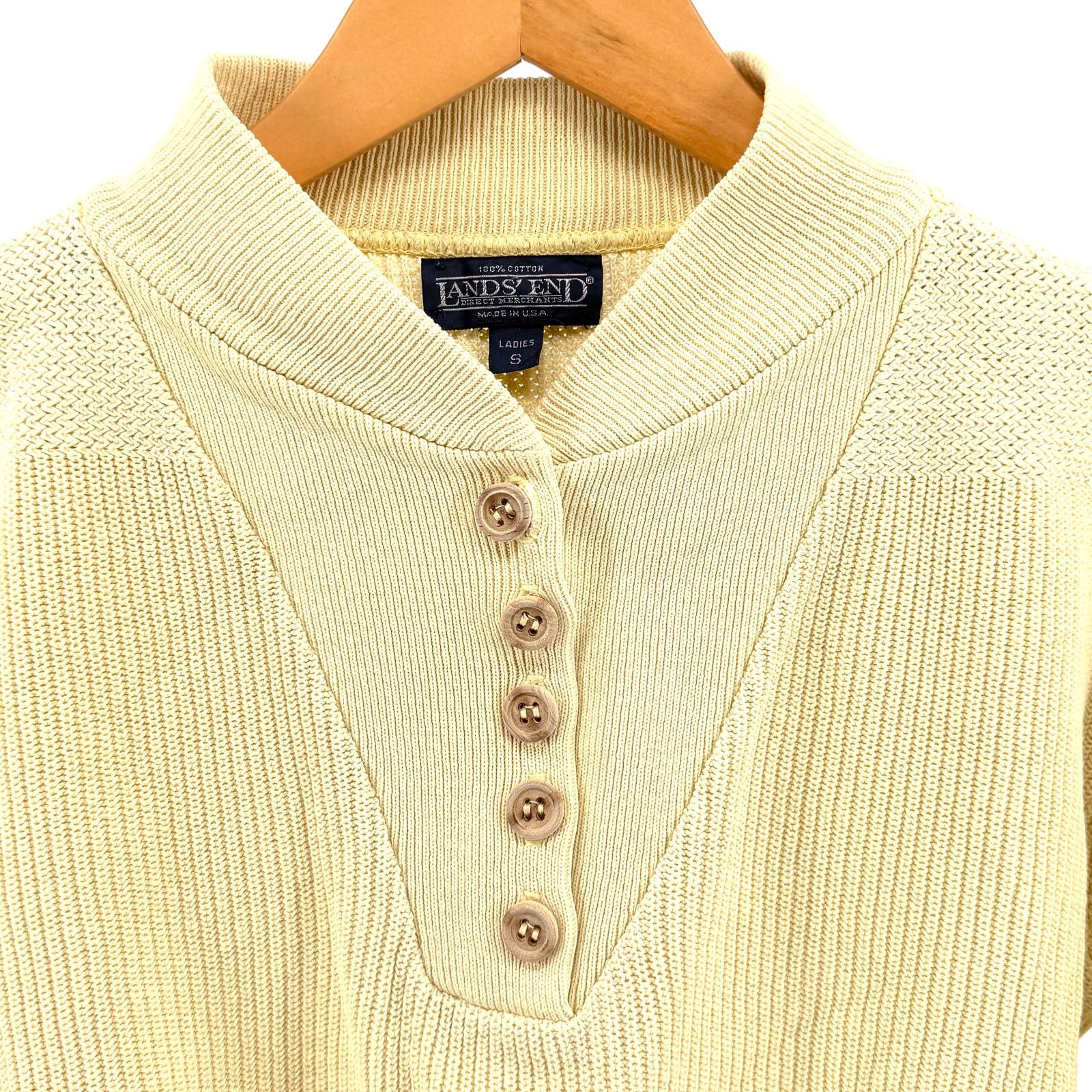 Lands' End Vintage 90s Pastel Yellow 100% Cotton Henley Knit Sweater Size S / US 4 / IT 40 - 2 Thumbnail