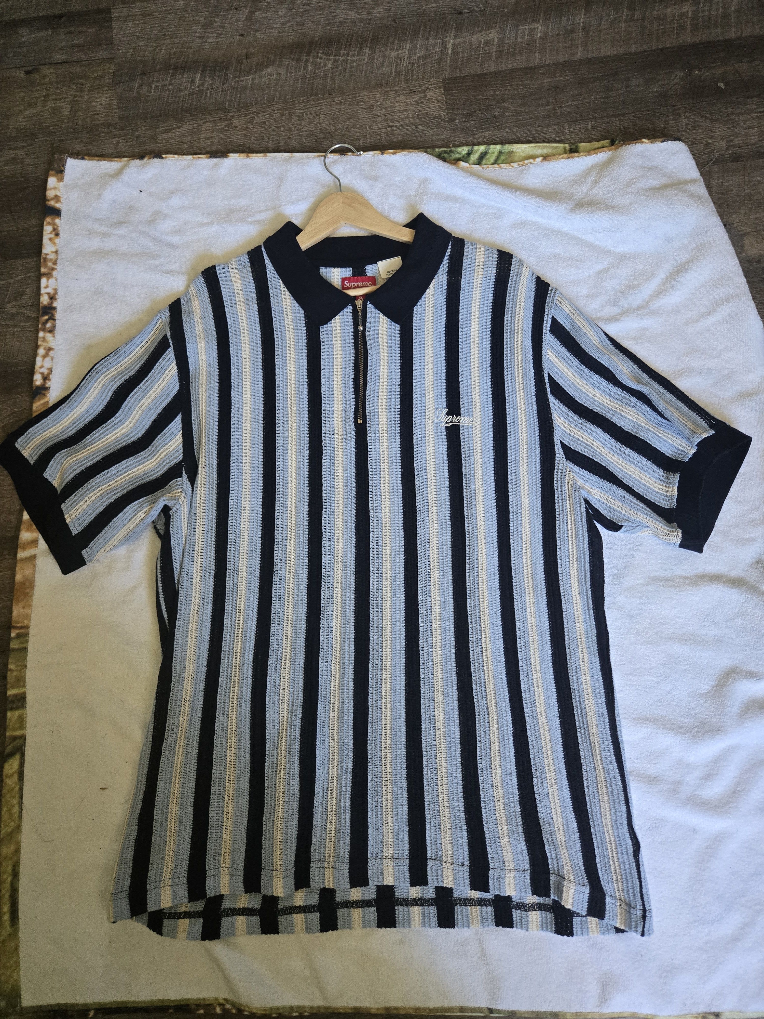 Supreme Supreme Sequin Stripe Zip Polo Blue | Grailed