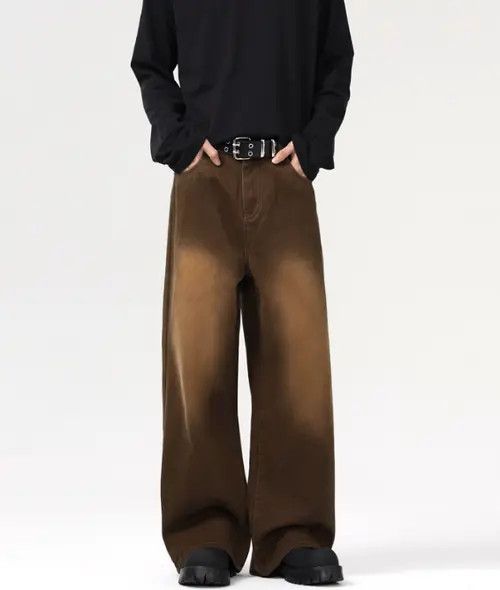 Anime × Japanese Brand × Jean Men's washed brown distressed retro straight wide-leg jeans Size US 32 / EU 48 - 2 Thumbnail