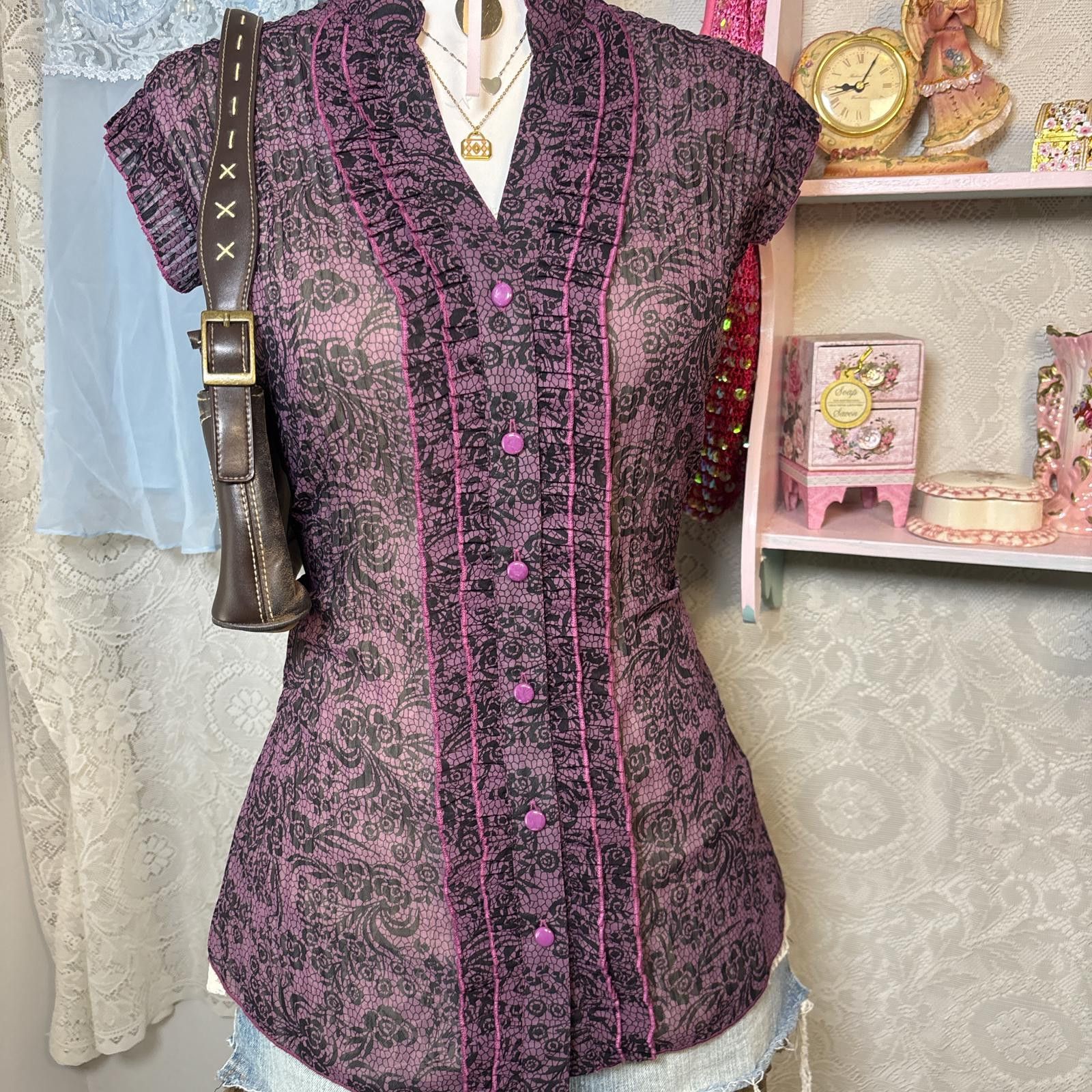 Apt. 9 y2k purple grunge fitted button up blouse Size L / US 10 / IT 46 - 2 Thumbnail
