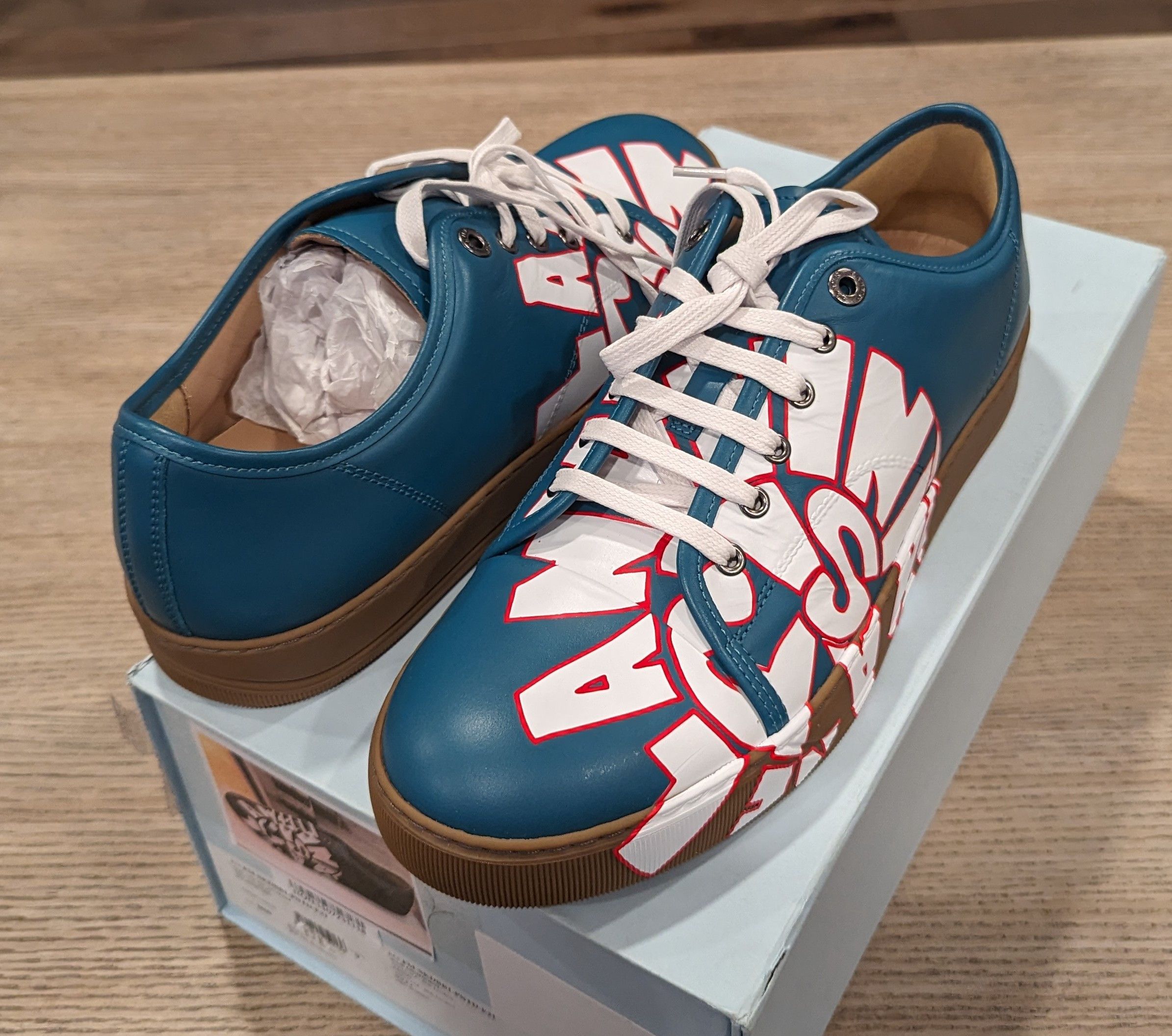 image of Lanvin Graphic Leather Low-Top Sneakers Teal/white 42 Us 9, Men's