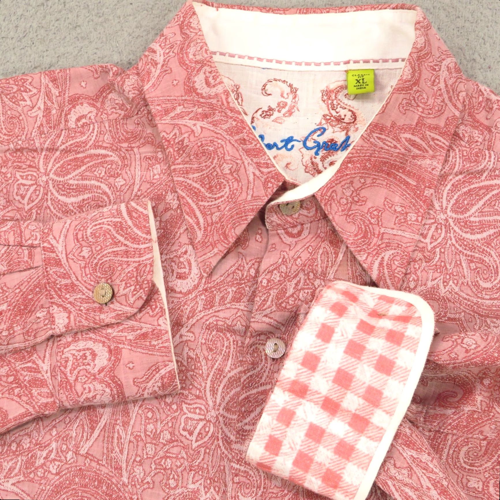 Robert Graham VINTAGE: No — (Not Vintage) Robert Graham Shirt XL Mens Linen Cotton Red Paisley Crazy Flip Cuff Classic Fit Size US XL / EU 56 / 4 - 2 Thumbnail