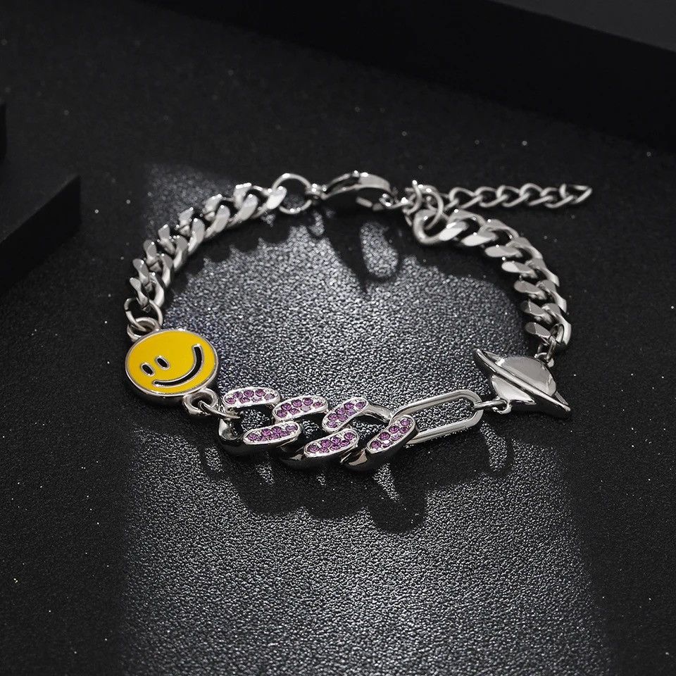 Jewelry S. Steel Smile Cuban Chain Star Round Splicing Bracelet Size ONE SIZE - 2 Thumbnail