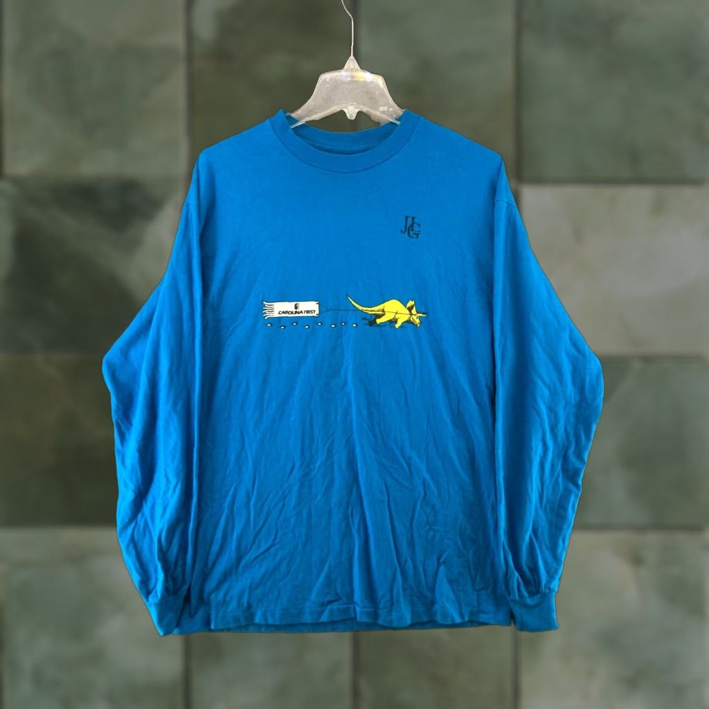 Hanes Dinamation Mens Shirt L Blue Carolina First Hanes Graphic Print 90s USA Dinosaur Crew Neck Cotton T-Shirt Size US L / EU 52-54 / 3 - 1 Thumbnail
