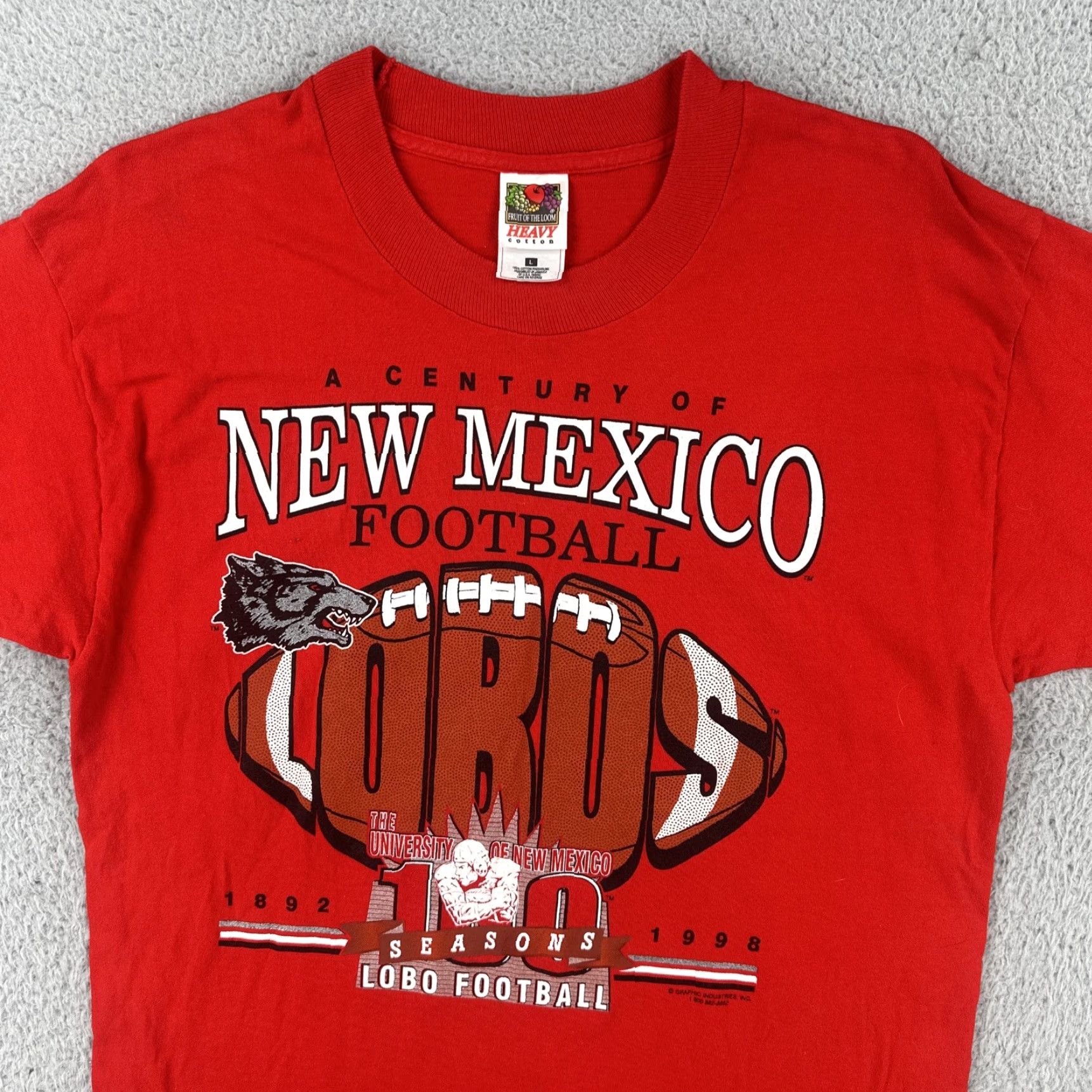 Fruit Of The Loom VINTAGE Fruit of the Loom Shirt UniVersity of New Mexico Lobos Football, Red, 90s, Crew Neck, Short Sleeve, L, Men Size US L / EU 52-54 / 3 - 5 Thumbnail