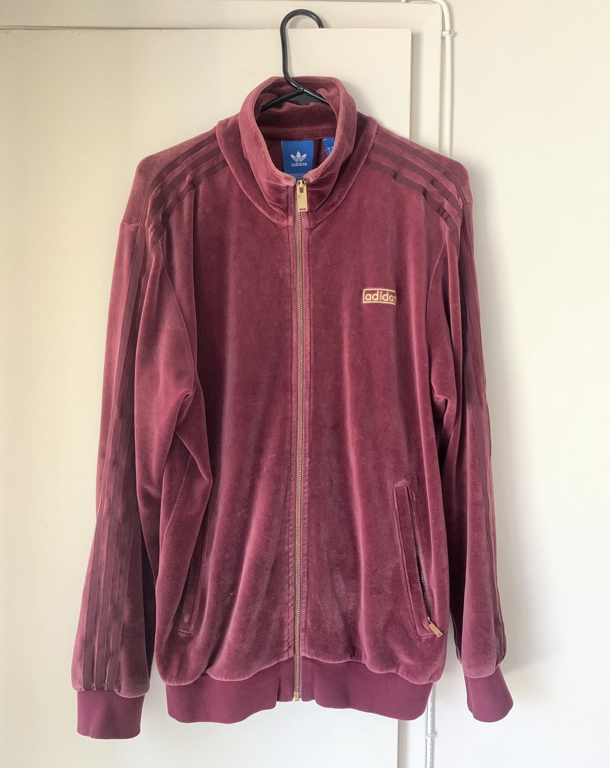 image of Adidas x Vintage Velour Three Stripe Zip Track Jacket in Burgandy, Men's (Size Medium)