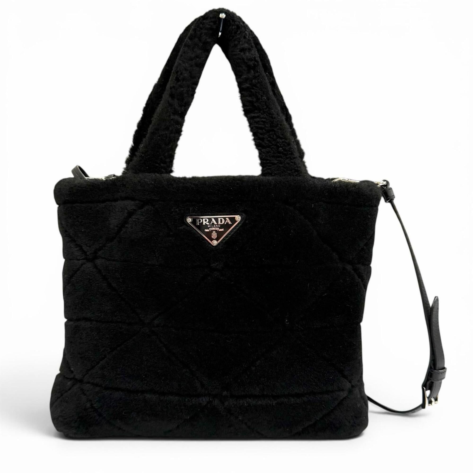 Prada PRADA 1BG378 Triangle Logo 2-Way Shearling Fur Shoulder Bag with Pouch, Black, Made in Italy, Women's, Dust Size ONE SIZE - 1 Thumbnail