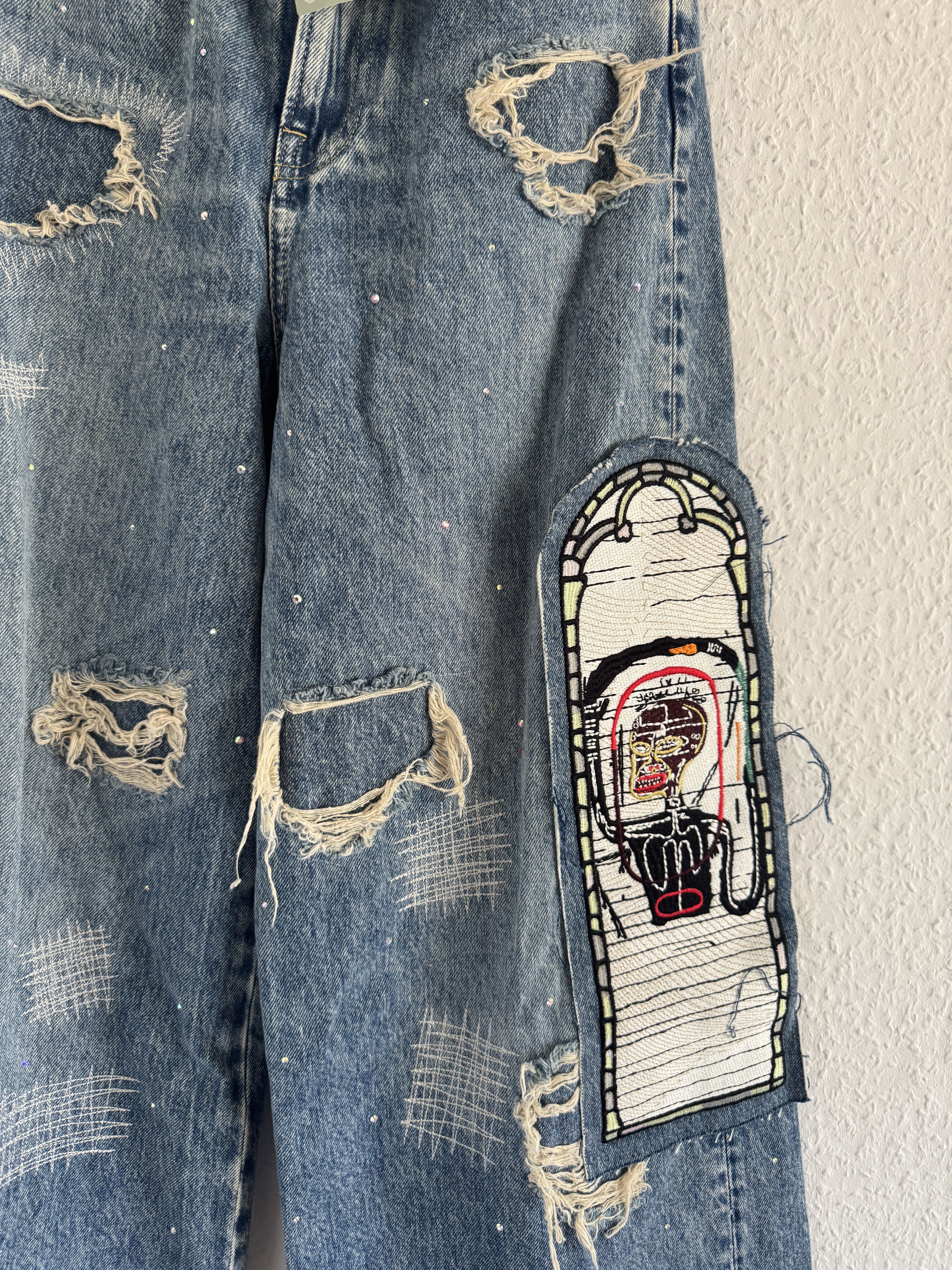 H&M × Jean-Michel Basquiat × Who Decides War Distressed rhinestone graphic jeans Size US 27 - 6 Thumbnail