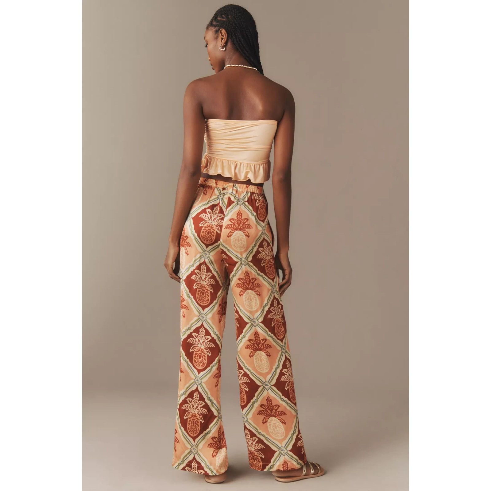 Anthropologie × Farm Rio New Pineapple Satin Wide-Leg Pants $188 X-SMALL Red Size 26" / US 2 / IT 38 - 3 Thumbnail