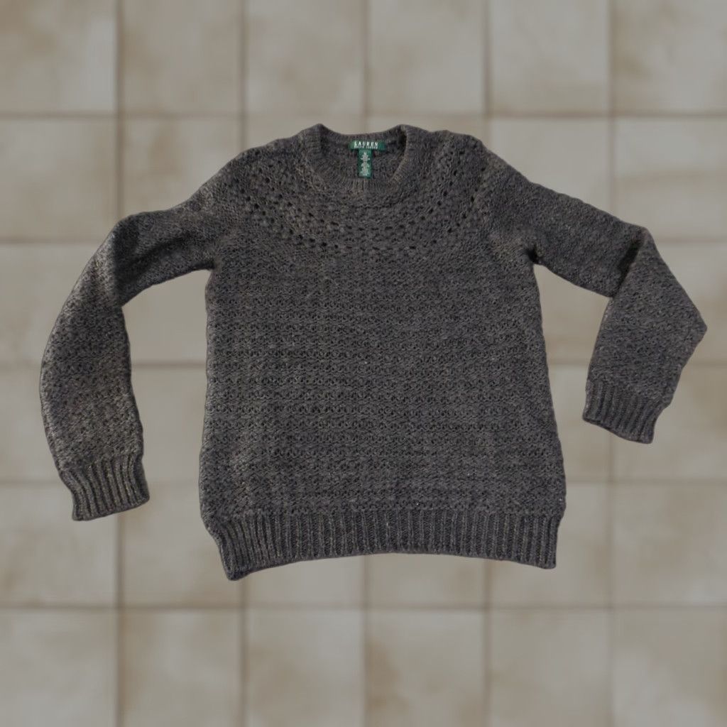 VINTAGE Lauren Ralph Lauren Sweater Womens M Gray Alpaca Blend Open Knit Crewneck