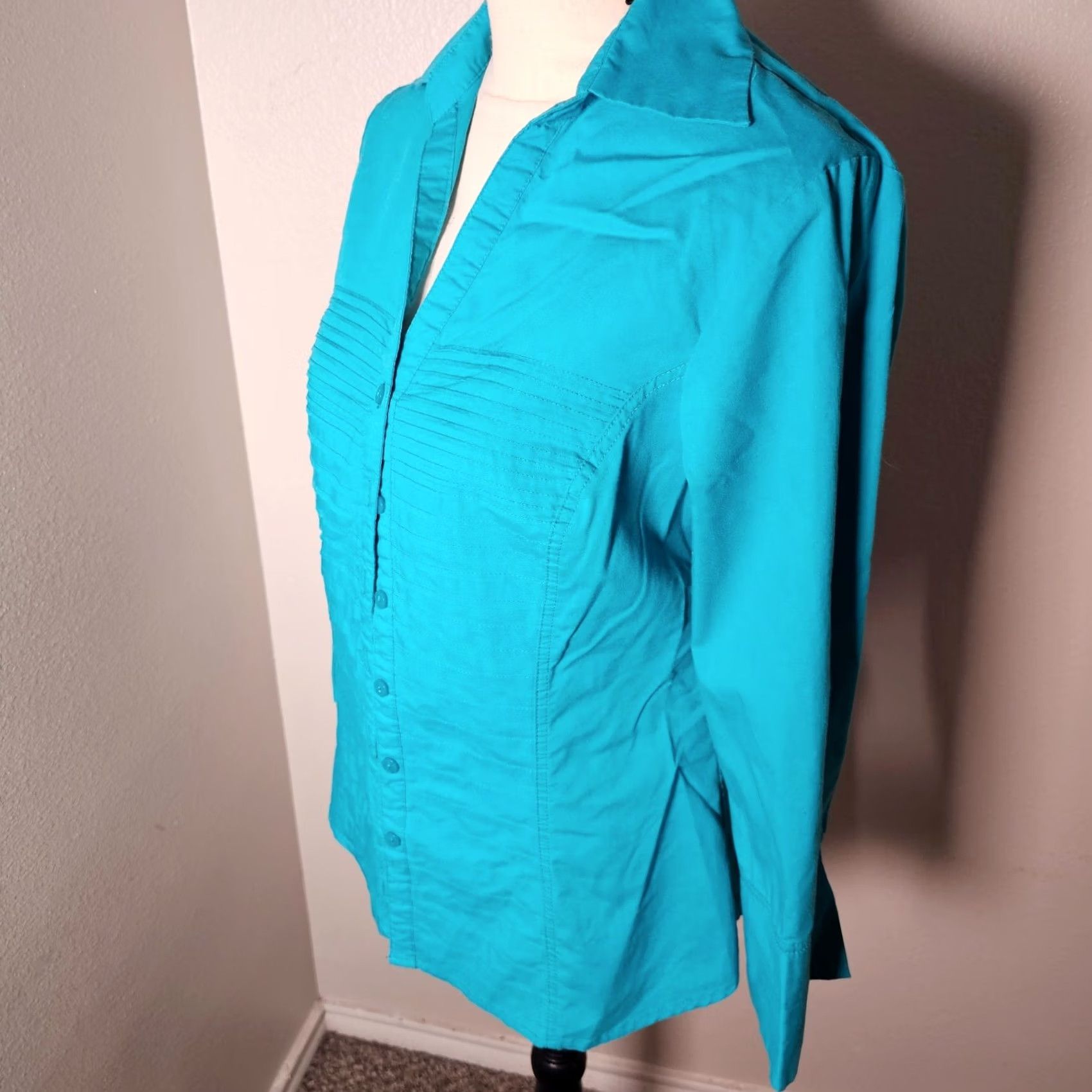 Vintage Signature by Larry Levine Womens Button-Up Blouse Long Sleeve Teal Size M Size M / US 6-8 / IT 42-44 - 2 Thumbnail