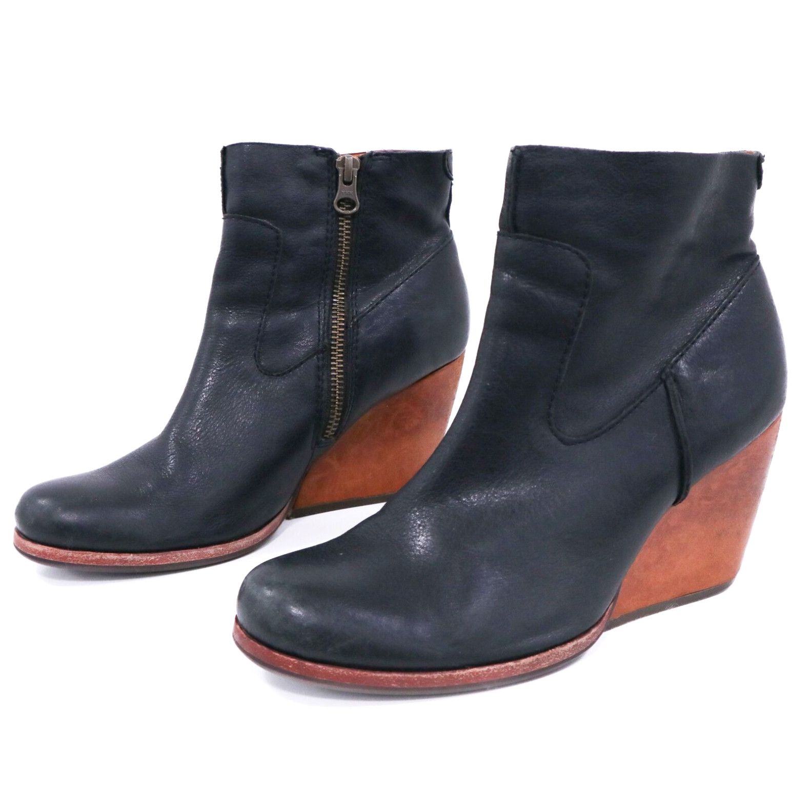 image of Vintage Kork-Ease Ankle Boots Michelle Womens 6.5M Black Leather Wedge Heel Shoes Zipper in White