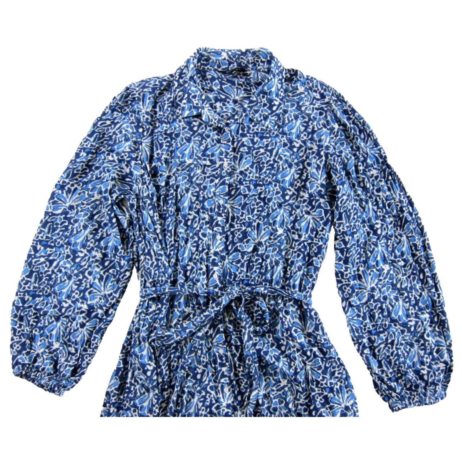 Vintage Well Worn Women Crepe Tie-Belt Long Sleeve Button Shirt Dress Blue Floral XXL Size XXL / US 16-18 / IT 52-54 - 4 Thumbnail