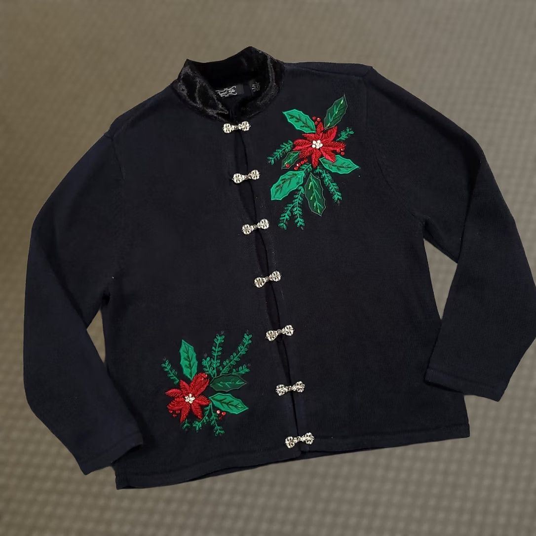 Vintage VINTAGE Crystal Kobe Cardigan Women’s Large Black 90s Knit Embroidered Heavyweight Winter Settle Sequin Size L / US 10 / IT 46 - 1 Thumbnail