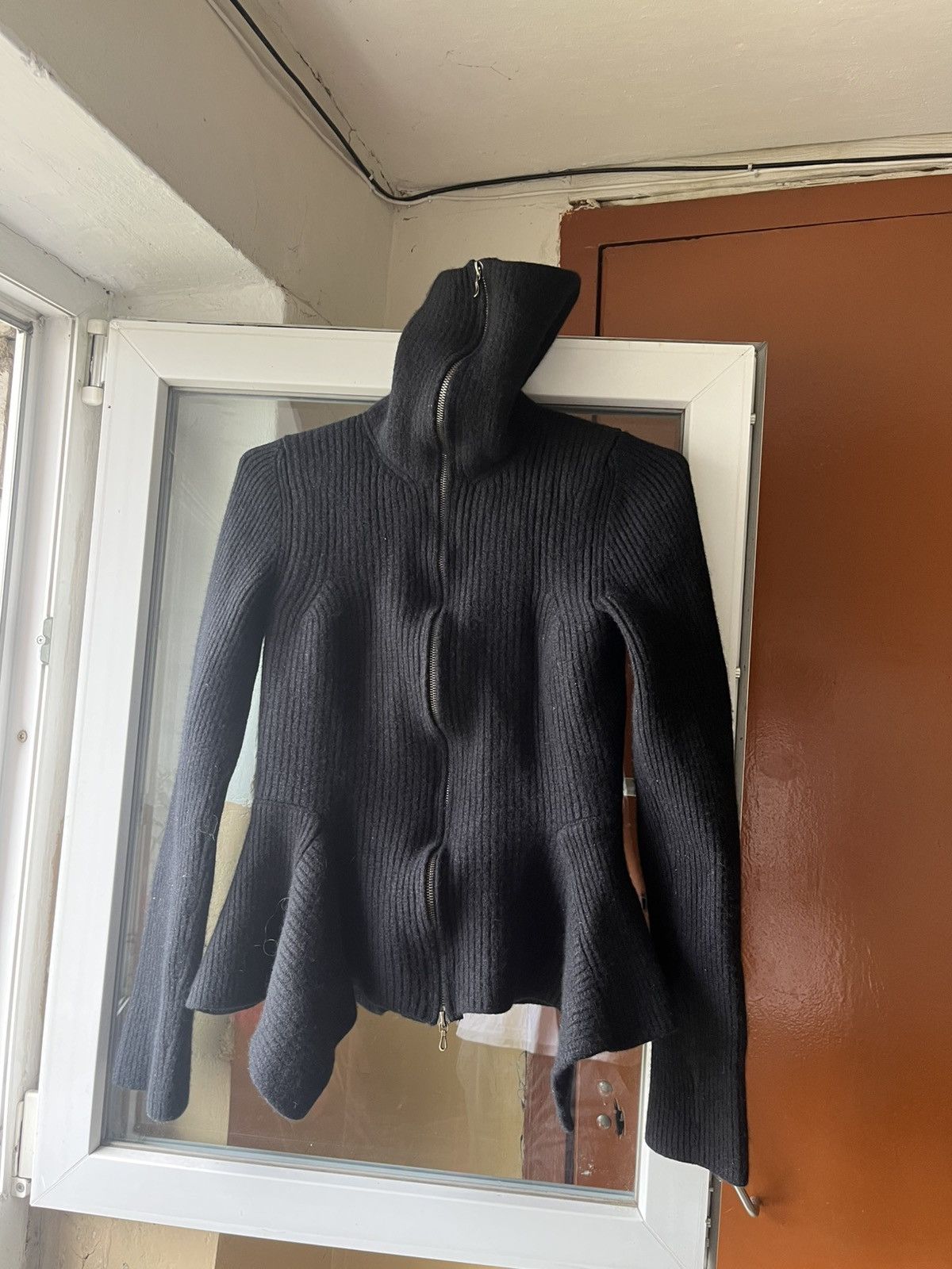 Lanvin Lanvin Black Ribbed High Neck Peplum Zip Jacket Size S / US 4 / IT 40 - 1 Thumbnail