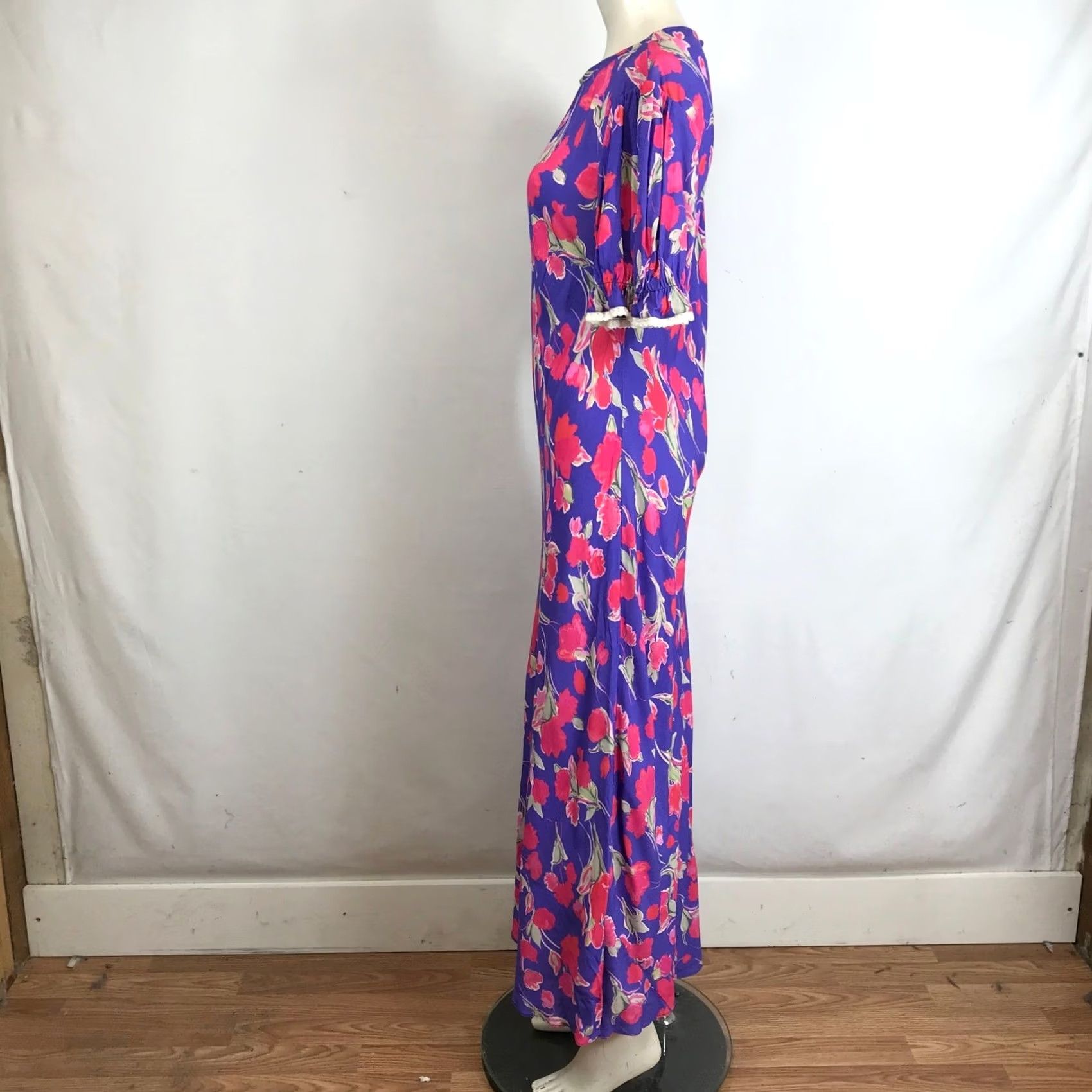 RIXO Rixo Floral Maxi Dress Purple Pink Short Sleeve Lace Trim Size L Dress Length Long Womens Size 36" / US 14 / IT 50 - 6 Thumbnail