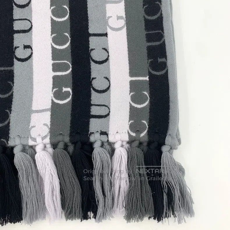 Gucci Gucci Colour block logo striped wool tassel scarf Size ONE SIZE - 4 Thumbnail