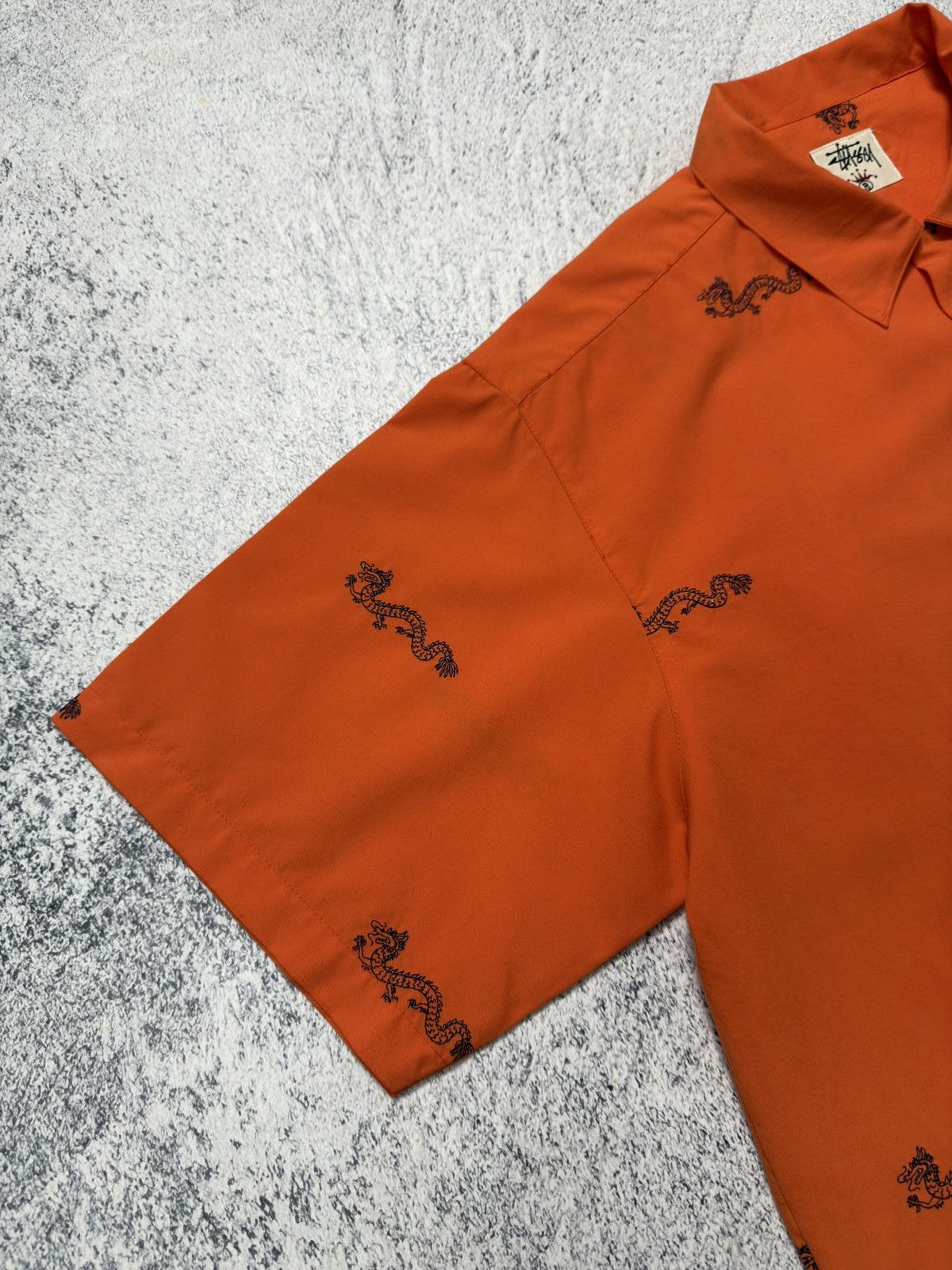 Stussy 🔥VINTAGE Y2K STUSSY DRAGON ORANGE BUTTON UP SHIRT Size US XL / EU 56 / 4 - 4 Thumbnail