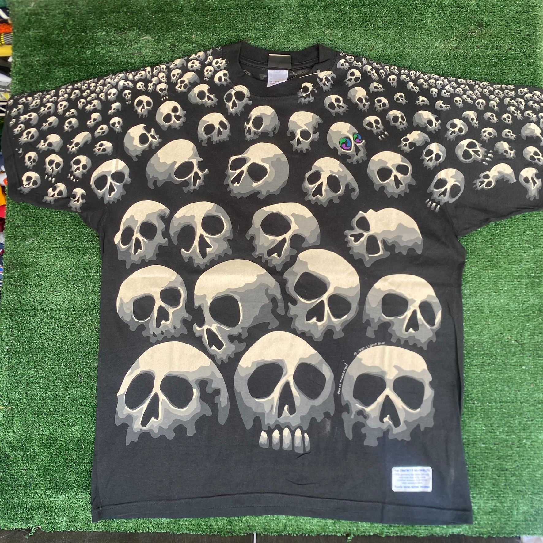 image of Liquid Blue x Skulls Vintage 90's Son Of Skulls Shirt All Over Aop Goth Emo Tee in Black (Size XL)