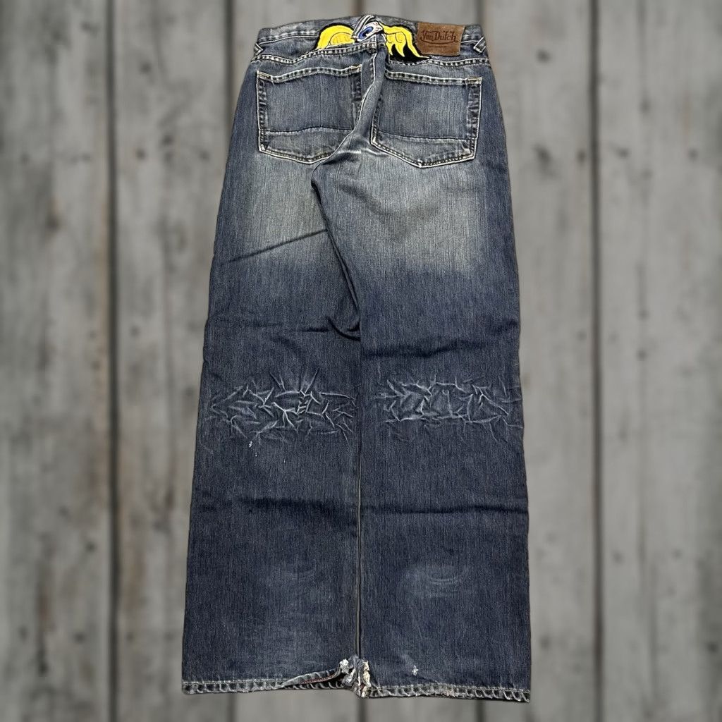 VINTAGE Von Dutch Jeans Mens 34 Regular Blue 34x34 Patch USA Baggy Buttons 90s Skate