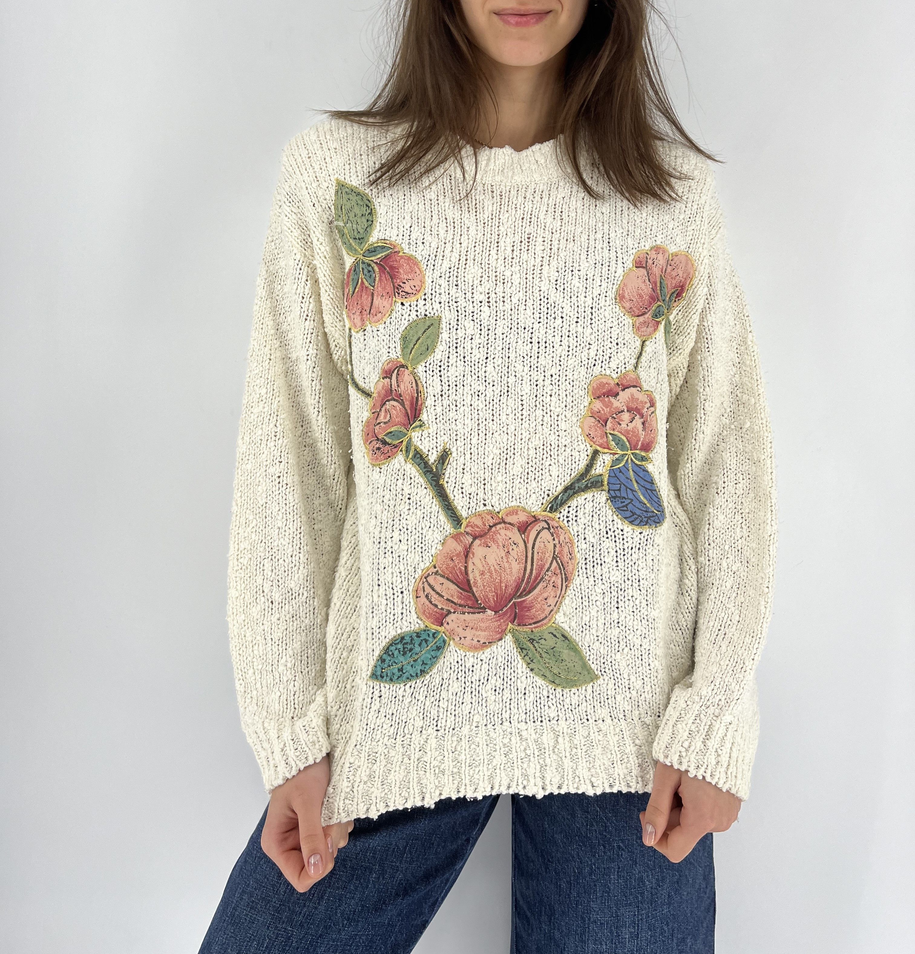 Japanese Brand Vintag BeigeLace With Flower Knitwear Sweater Made in Korea Size M / US 6-8 / IT 42-44 - 2 Thumbnail