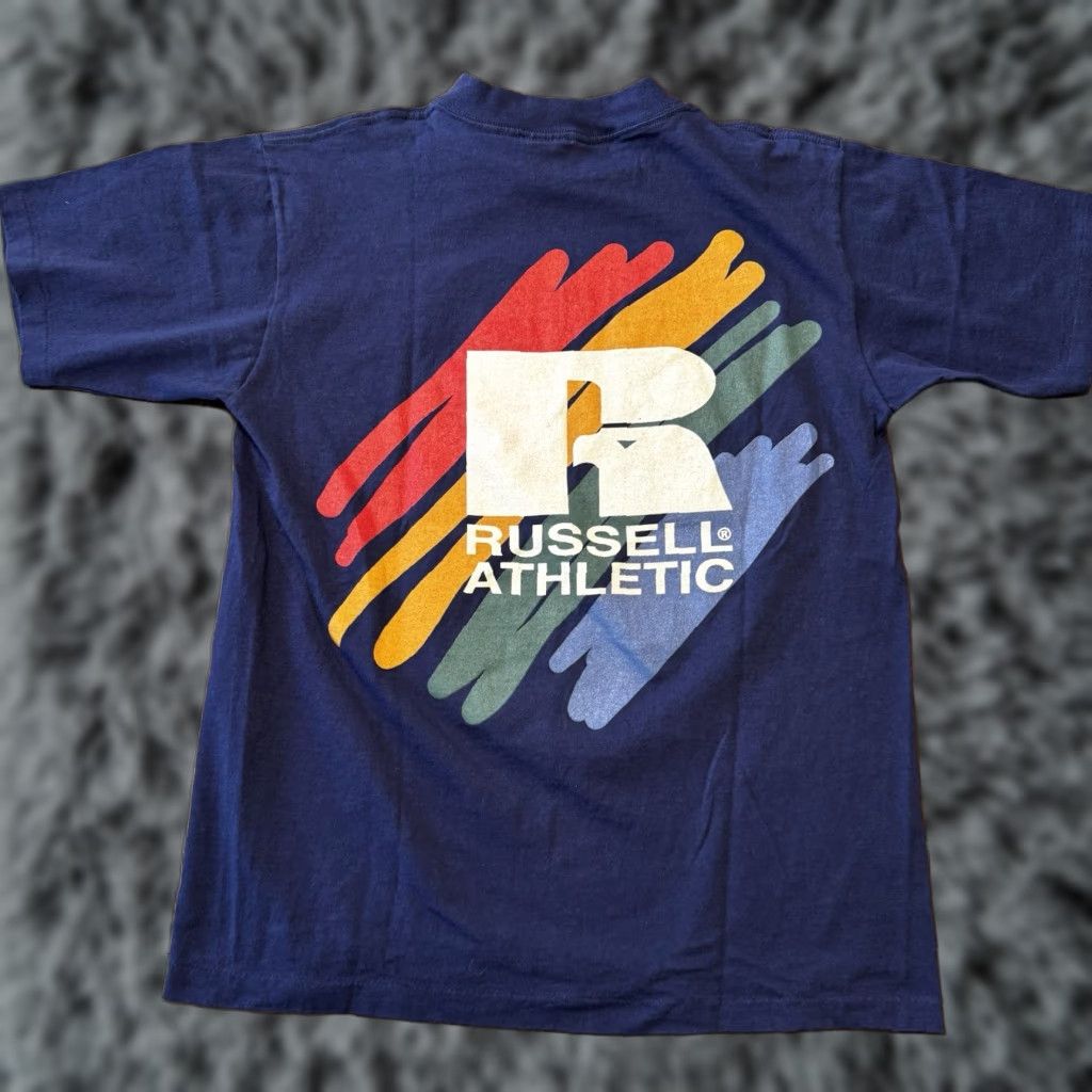 Russell Athletic VINTAGE Russell Athletic T-Shirt BLUE Large 90s USA Made Short Sleeve Crew Neck Logo Graphic Print Mens | Russell Athletic | 90s Theme Size US L / EU 52-54 / 3 - 1 Thumbnail
