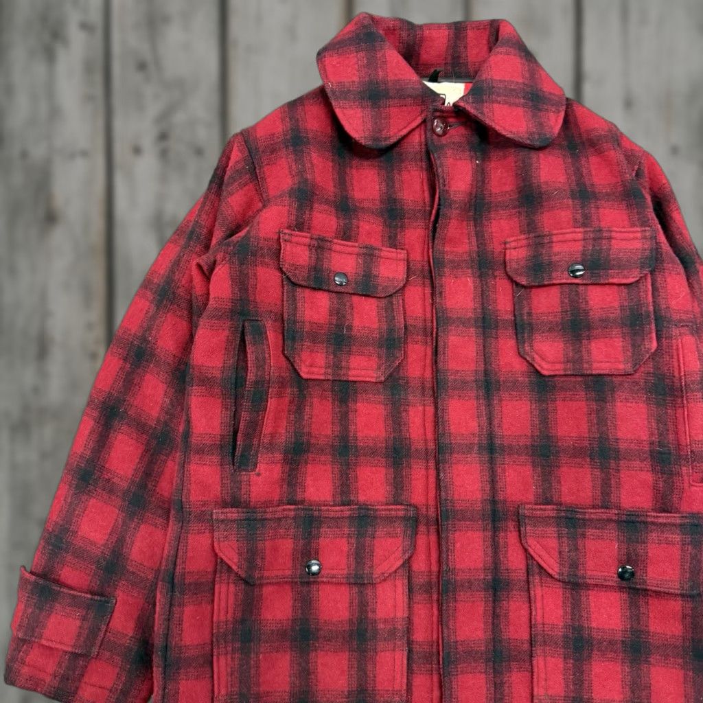 VINTAGE Woolrich Red & Black Plaid Coat Wool Mackinaw Hunting Jacket Size 36