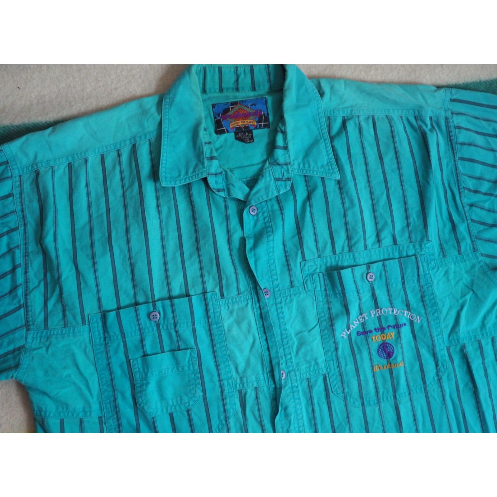 Vintage VTG 90s Weekends Eco Activism Protest Earth Faded Blue Striped Button Shirt L Size US L / EU 52-54 / 3 - 3 Thumbnail