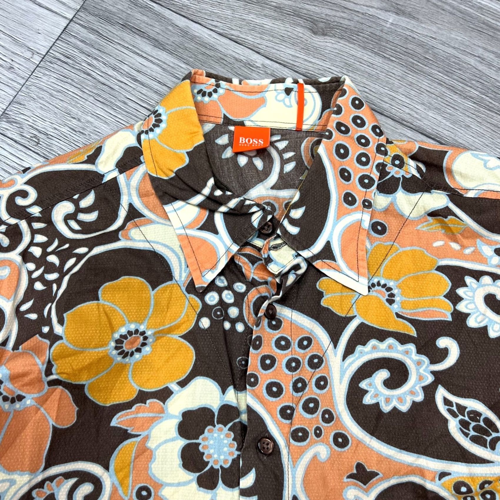 Hugo Boss VINTAGE HUGO BOSS Shirt Mens 2XL Orange Floral Print Retro Long Sleeve Size Size US XXL / EU 58 / 5 - 3 Thumbnail