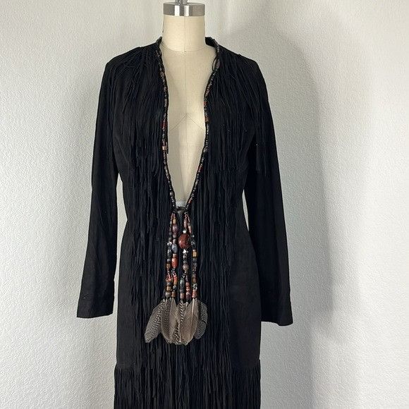 Designer × Handmade × Vintage Anna Trzebinski Navajo Sueded Beaded Fringe Leather Black Du Size M / US 6-8 / IT 42-44 - 2 Thumbnail
