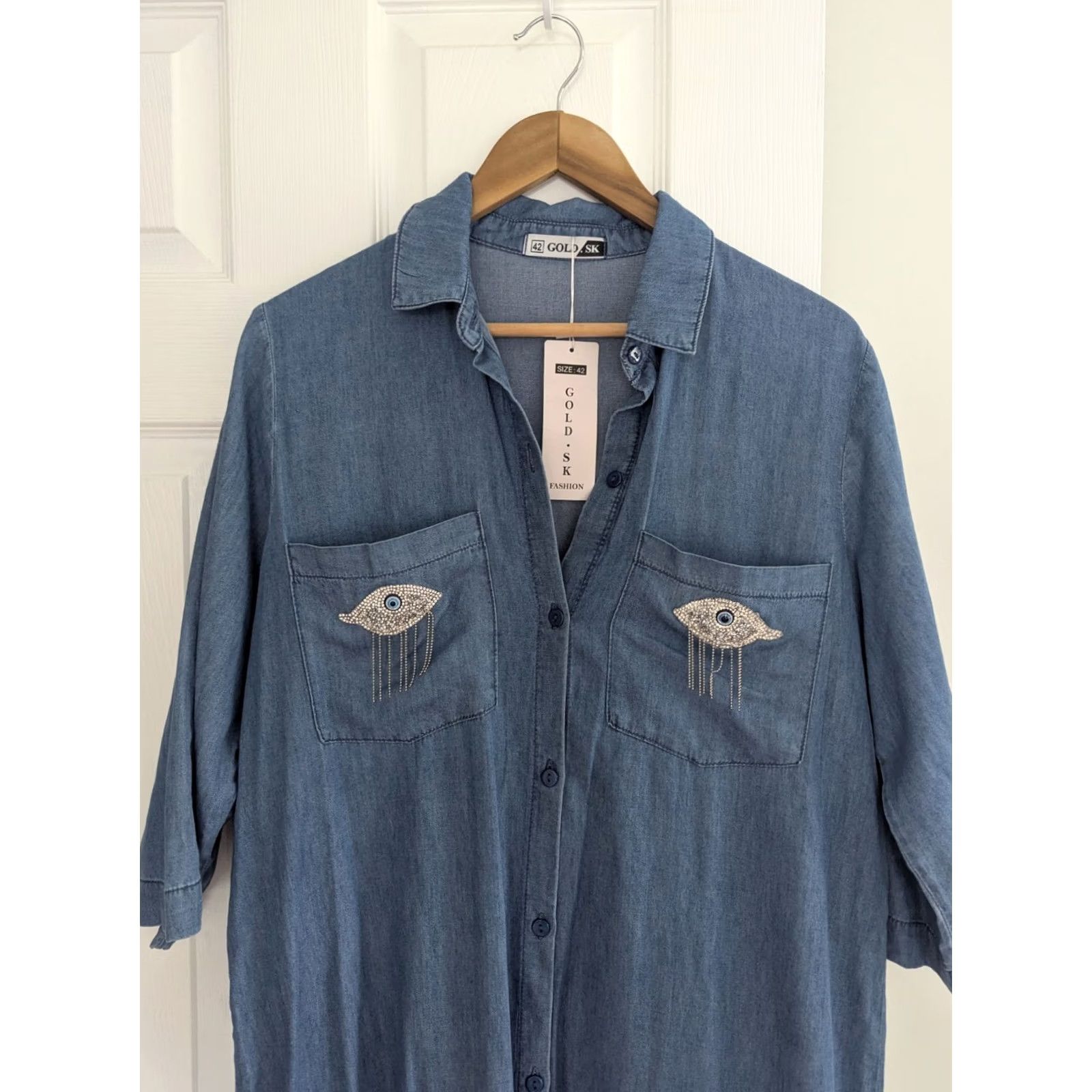 Vintage Gold SK Chambray Shirt Dress Blue Size 42 Rhinestone Eye Tassle Embellishment Women Size M / US 6-8 / IT 42-44 - 2 Thumbnail