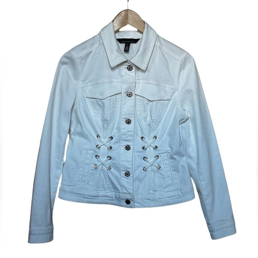 White House Black Market WHBM White Fitted Jean Jacket Women’s Size Small. Size S / US 4 / IT 40 - 16 Thumbnail