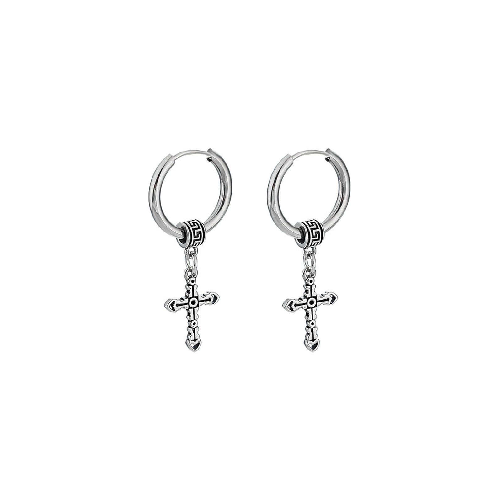 Jewelry Silver Cross Dangle Hoop Earrings, Men's Gothic Jewelry Size ONE SIZE - 5 Thumbnail