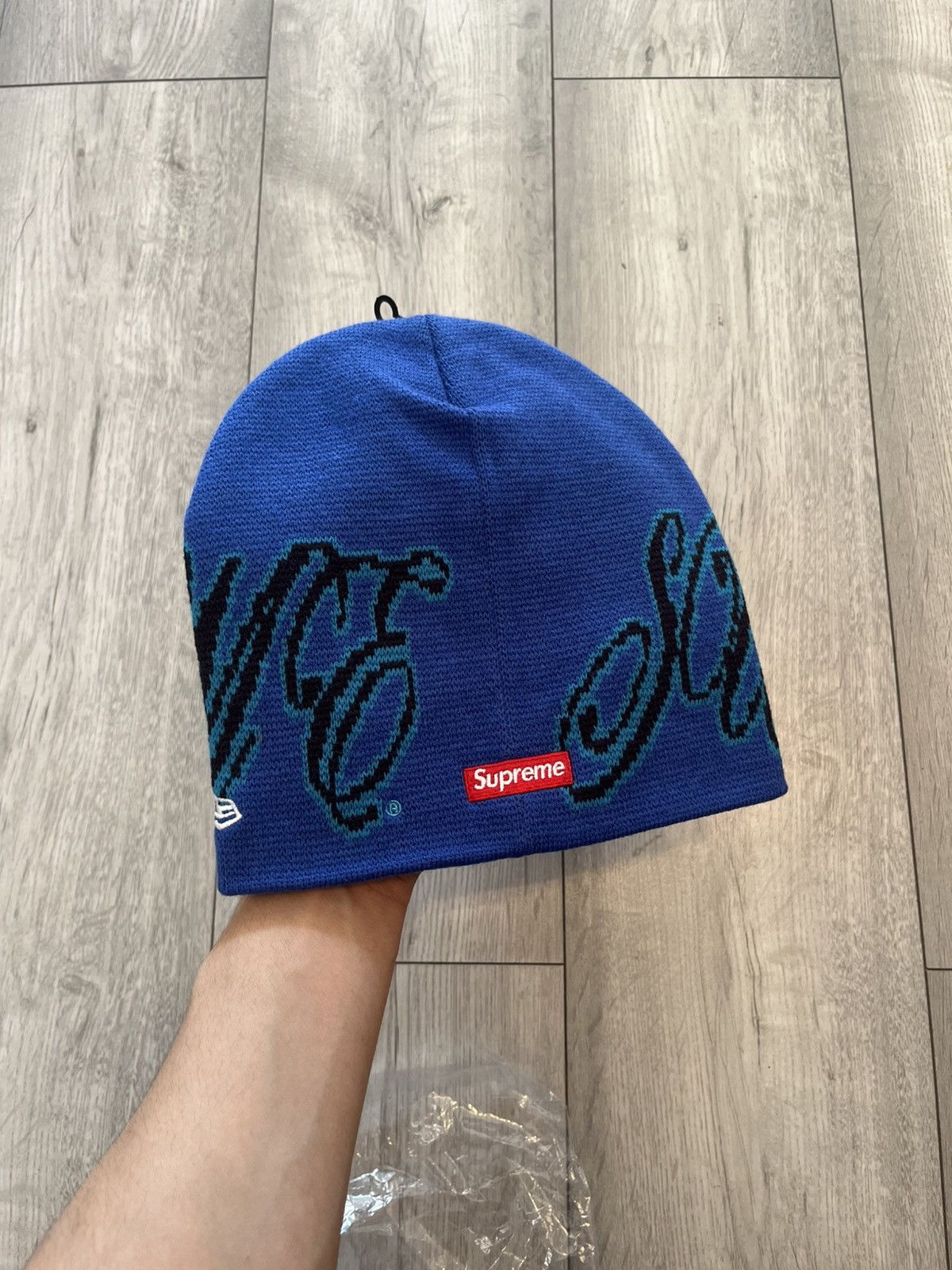 New Era × Supreme Supreme New Era Script Beanie Navy Blue | Grailed