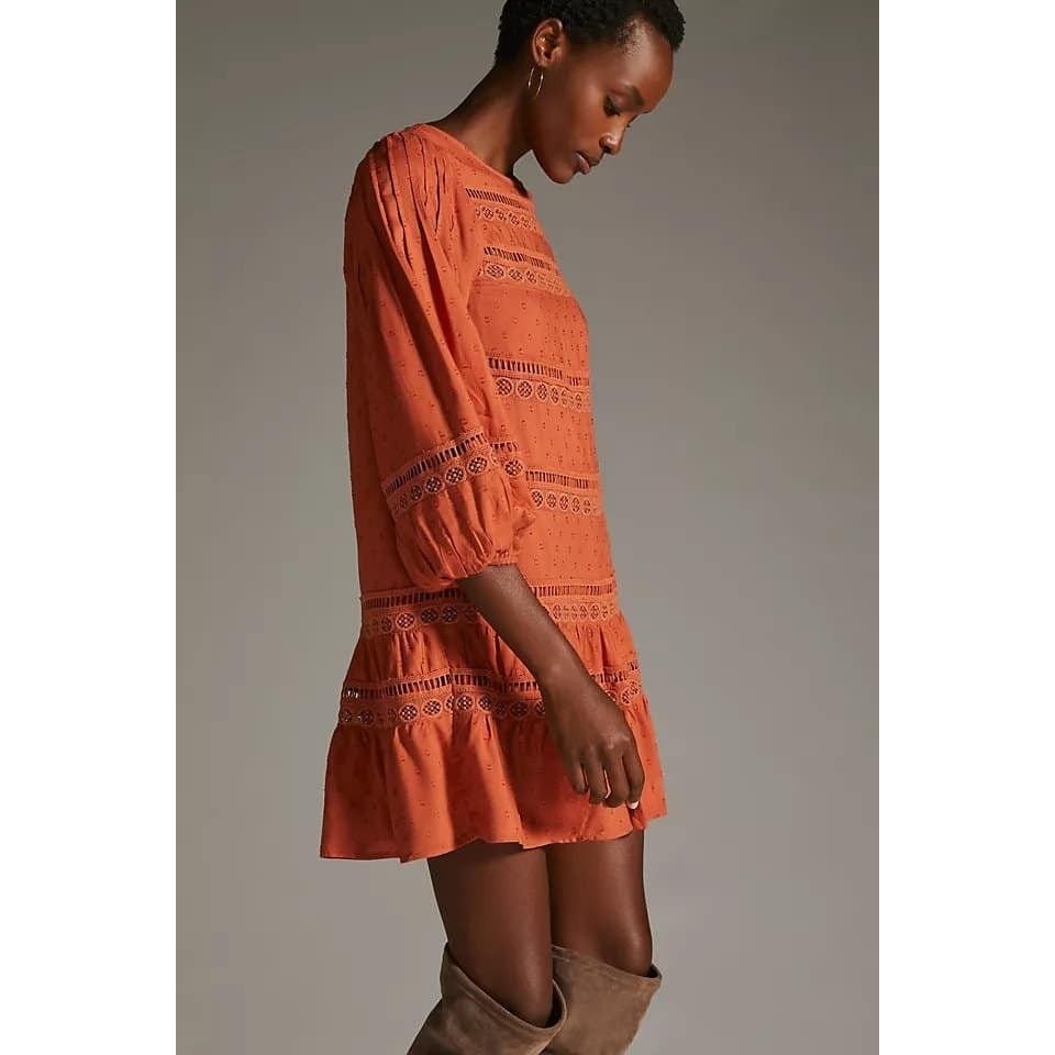 Anthropologie New ANTHROPOLOGIE Tiered Puff-Sleeve Mini Dress $160 MEDIUM Size M / US 6-8 / IT 42-44 - 3 Thumbnail
