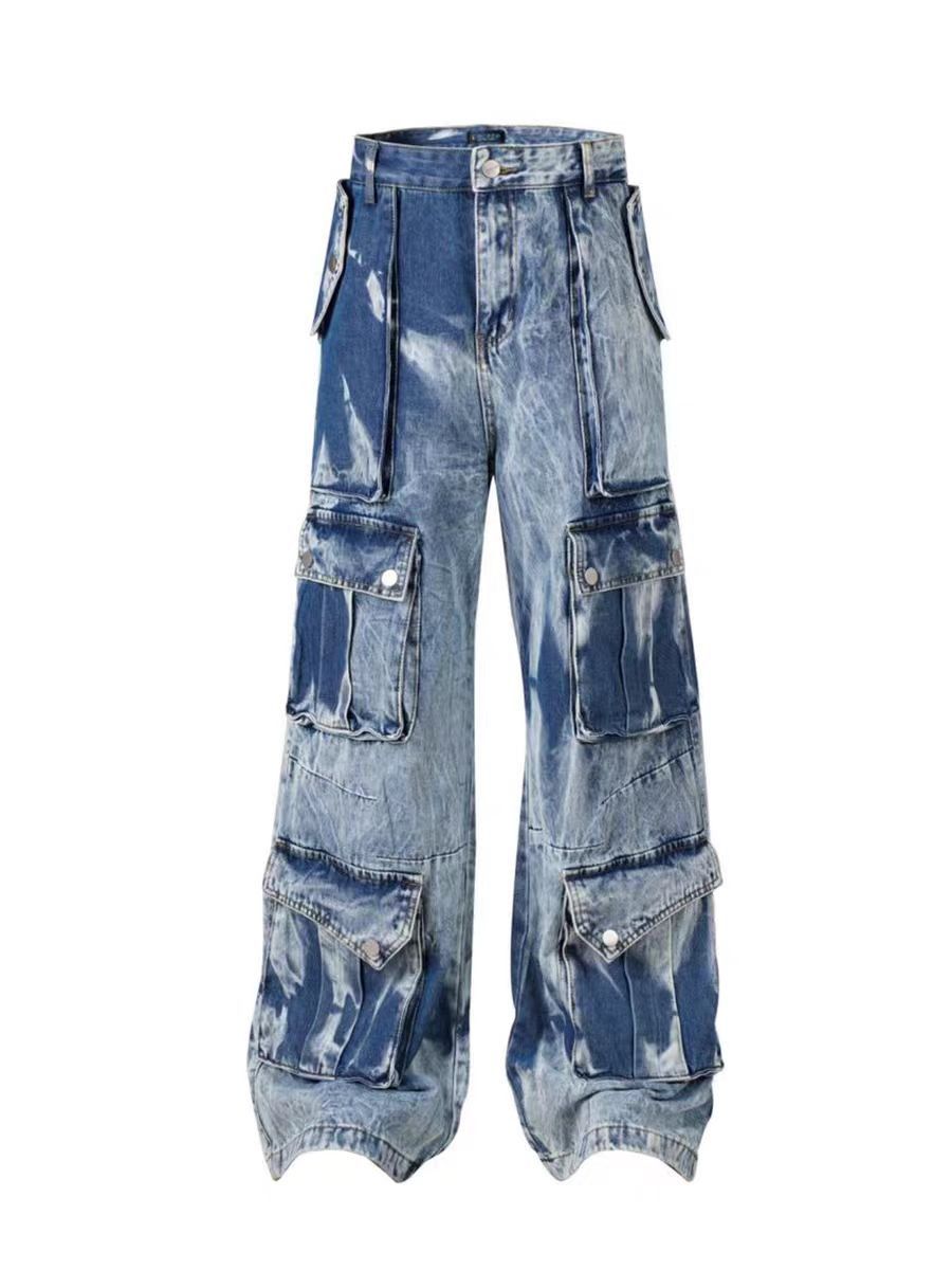 Vintage Multi-Pocket Tie-Dye Gradient Work Jeans