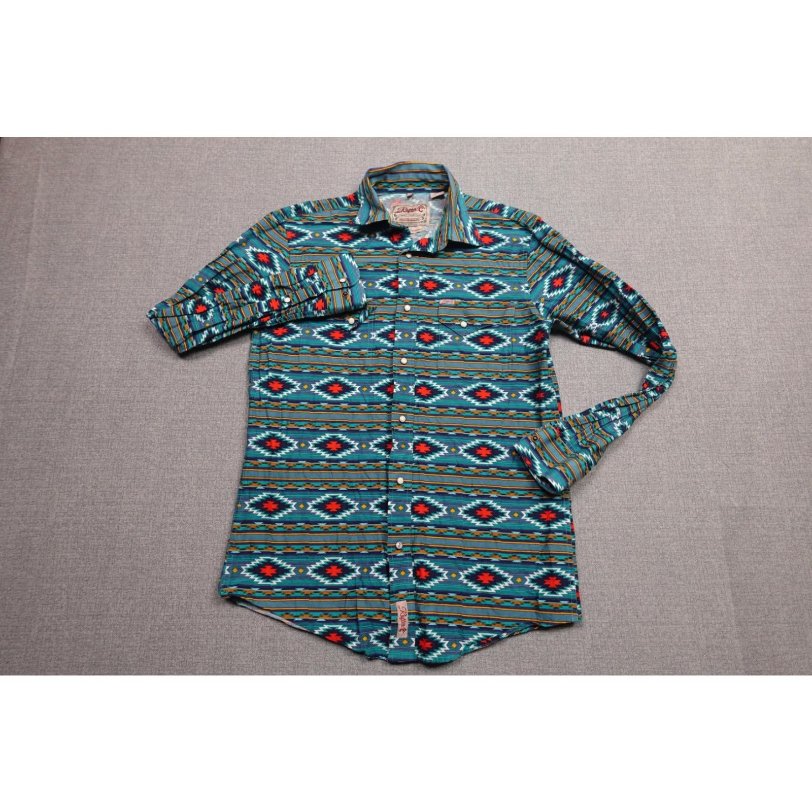 Vintage Rafter C Mens Long Sleeve Pearl Snap Shirt Blue Pro Flex 45 Western Aztec Cowboy Geometric Stretch Cotton Spandex Size US M / EU 48-50 / 2 - 5 Thumbnail