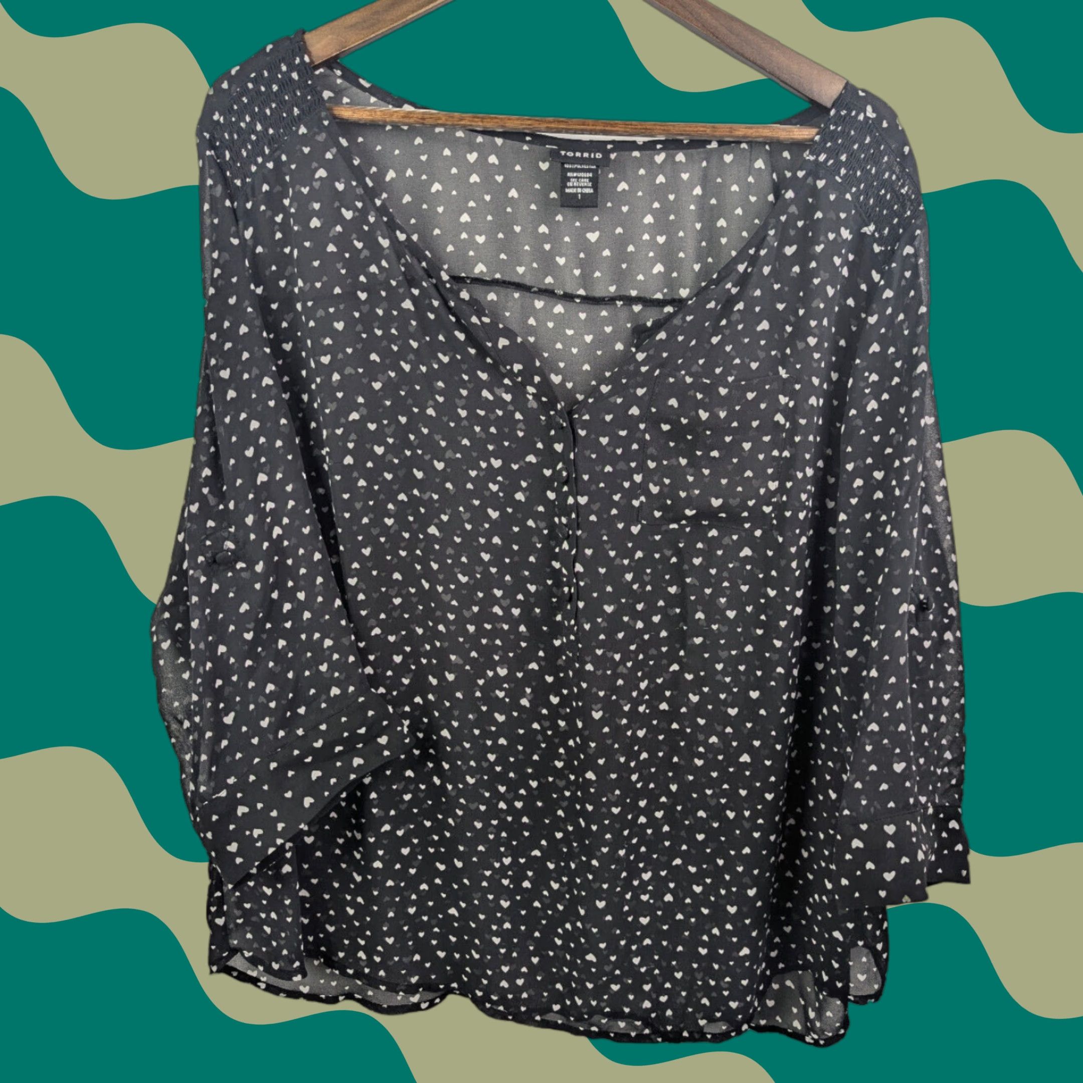 Torrid Torrid Blouse Shirt 1X Women Heart Pattern Sheer Chiffon Henley Black White 3/4 Sleeve Tunic Lightweight Casual Workwear Mens? Size XL / US 12-14 / IT 48-50 - 1 Thumbnail