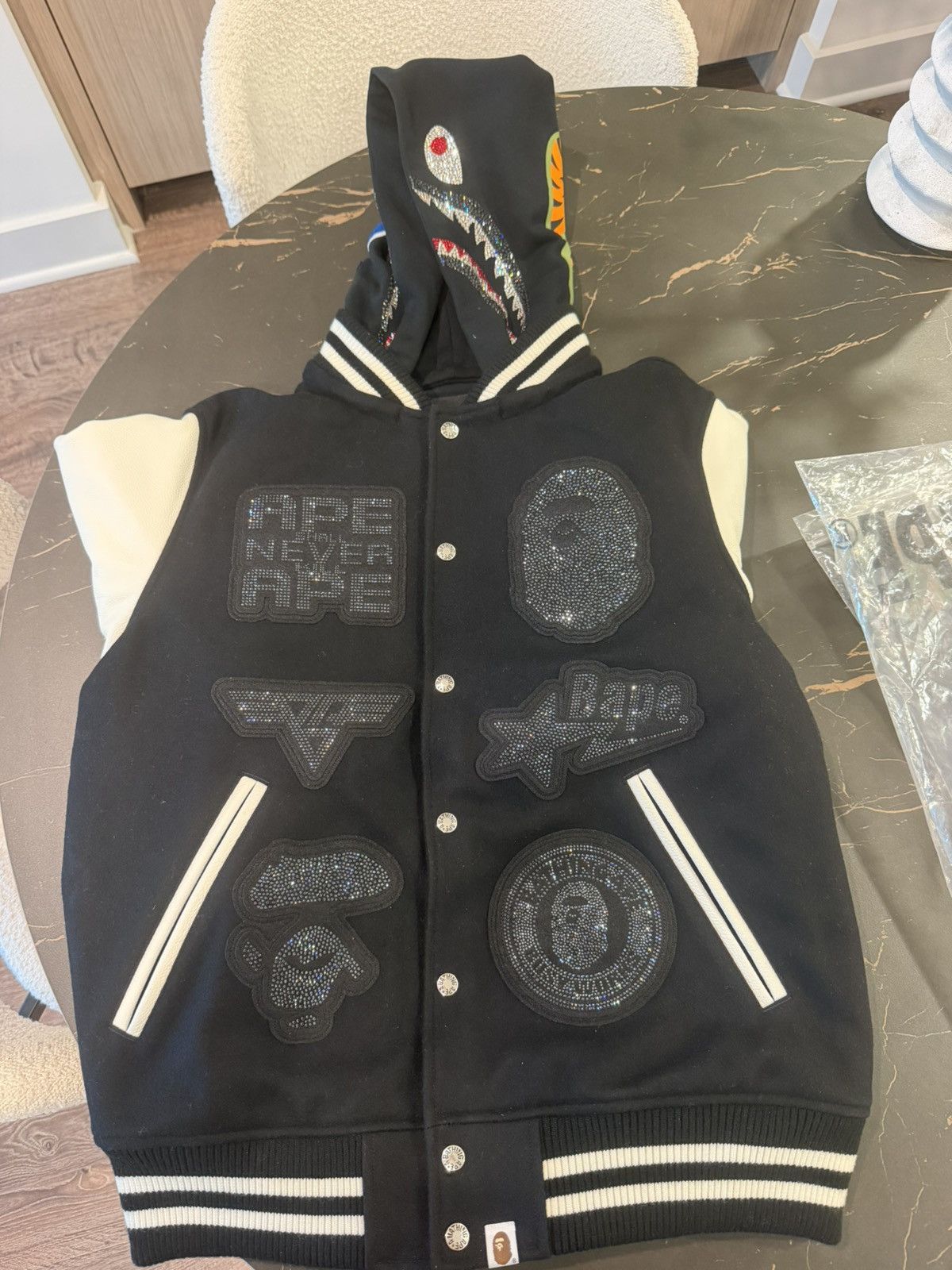 Bape × Swarovski BAPE x Swarovski Shark Hooded Varsity Jacket Size US L / EU 52-54 / 3 - 1 Thumbnail