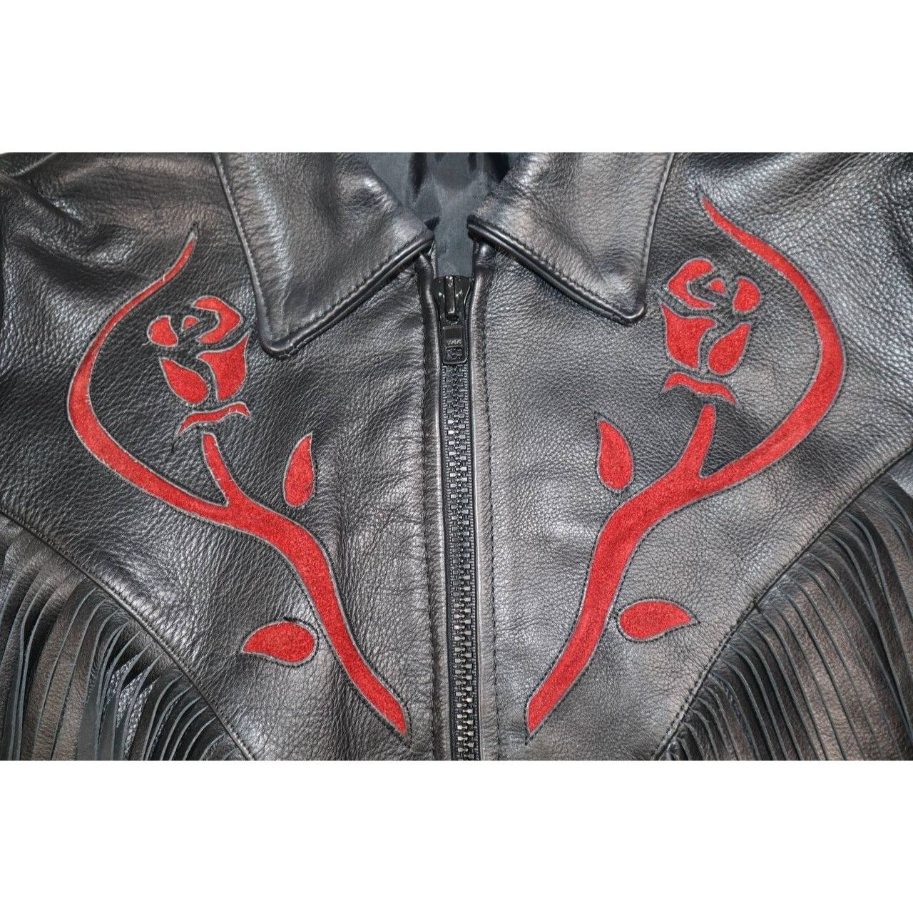 Vintage Vintage Black Leather Fringe Jacket w/ Red Rose Embroidery Size M / US 6-8 / IT 42-44 - 7 Thumbnail